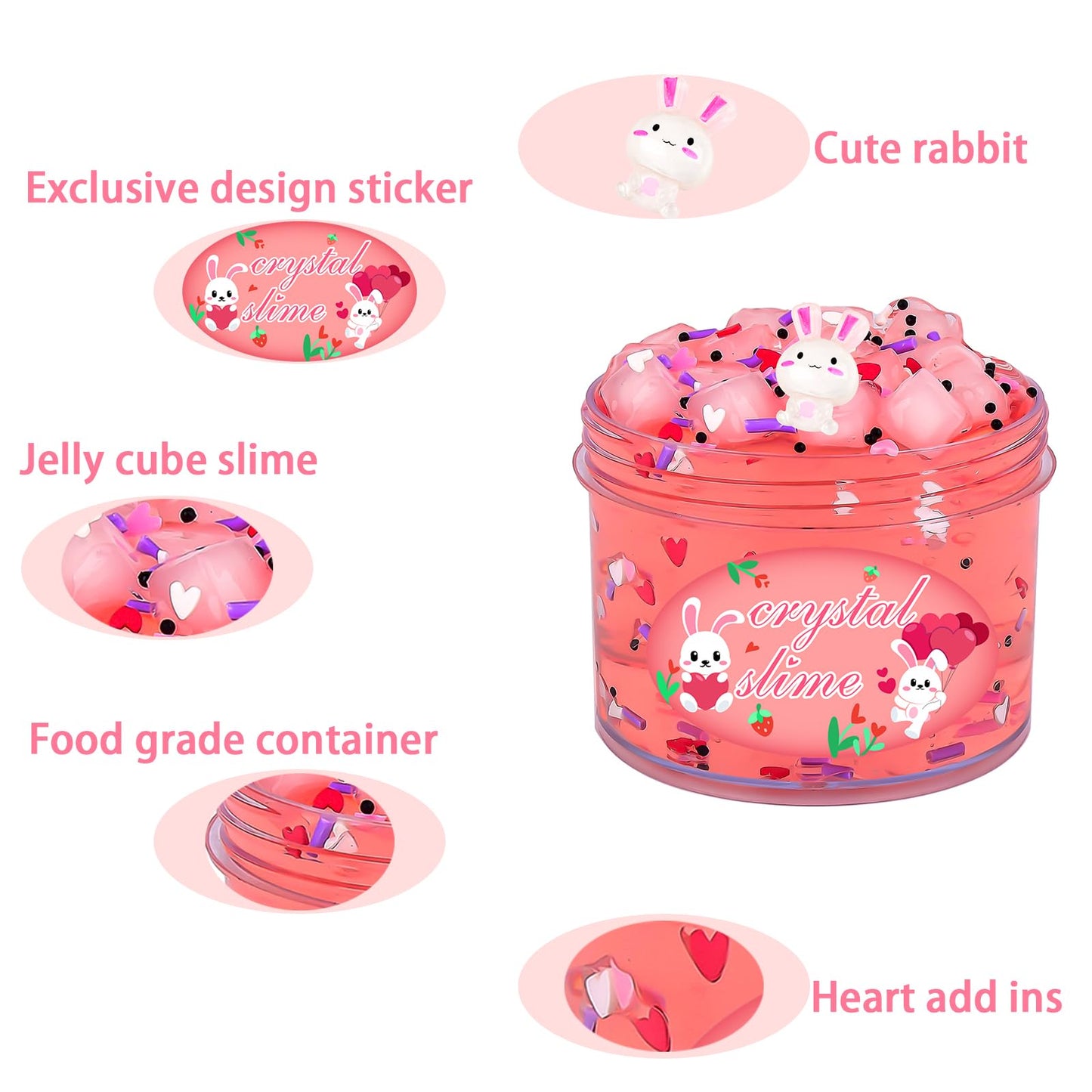 Easter Basket Stuffers Prefilled Bunny Clear Slime Pack, Crunchy Glossy Non Sticky Pink Crystal Slime Toy with Cute Rabbit Charm
