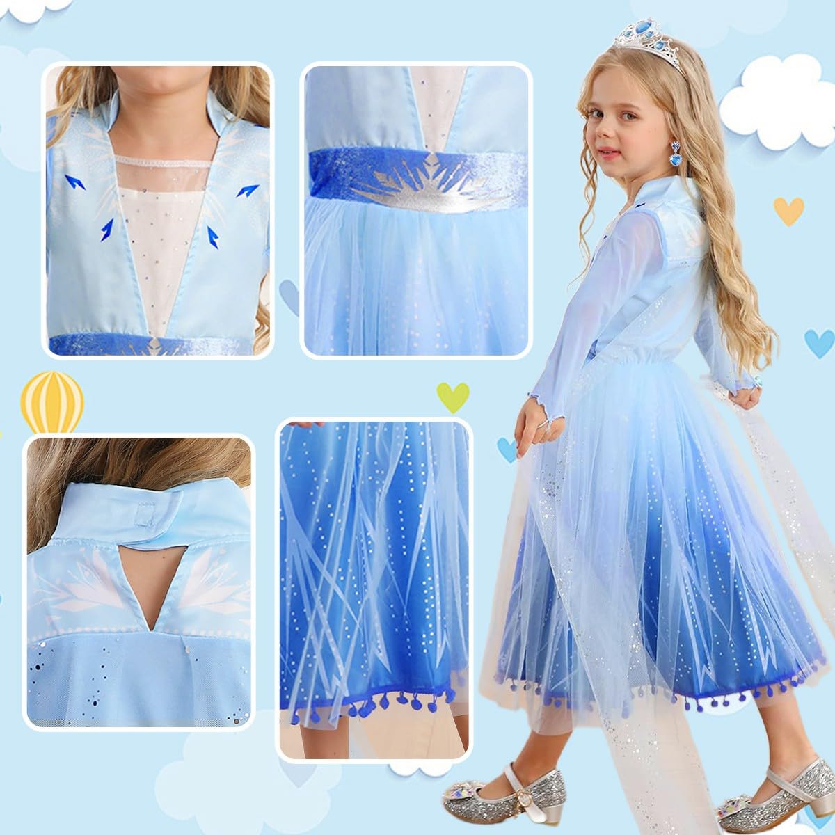 Luzlen Girls Princess Costume Kids Queen Halloween Cosplay Party Blue Dress With Accessories, 4-5 Years(Label 120)