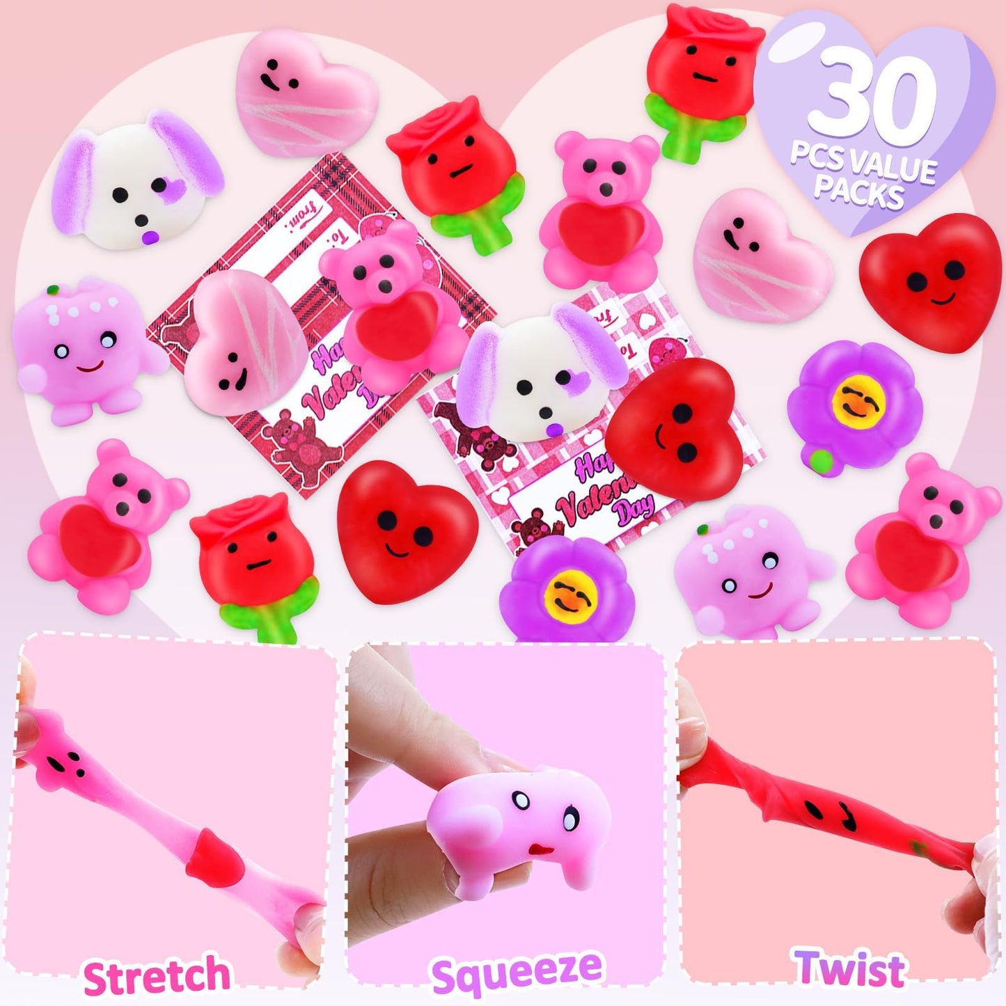Amenon 28 Pack Valentines Day Mochi Squishy Toys, Prefilled Valentines Gifts For Kids Kawaii Squeeze Heart Bear With Cards Class