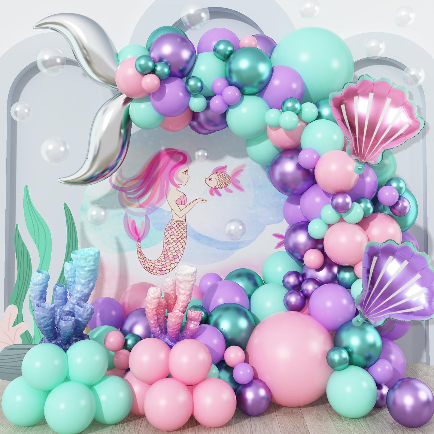 Mermaid Balloon Garland Arch Kit, 106 Packs Metallic Purple Pink Green Blue Latex Balloons With Mermaid Tail Seashell Foil Ballo
