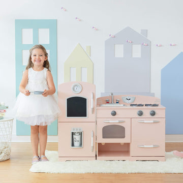 Teamson Kids - Retro Kids Toy Pretend Play Kitchen Playset with Refrigerator. Freezer. Oven and Dishwasher - Pink (2 Pcs)