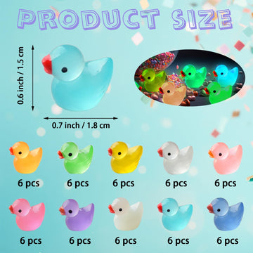 Kuanfine 60 Pcs Tiny Duck Figures Glow in The Dark Mini Resin Duck Luminous Miniature Ducks Bead for Garden Landscape Aquarium D