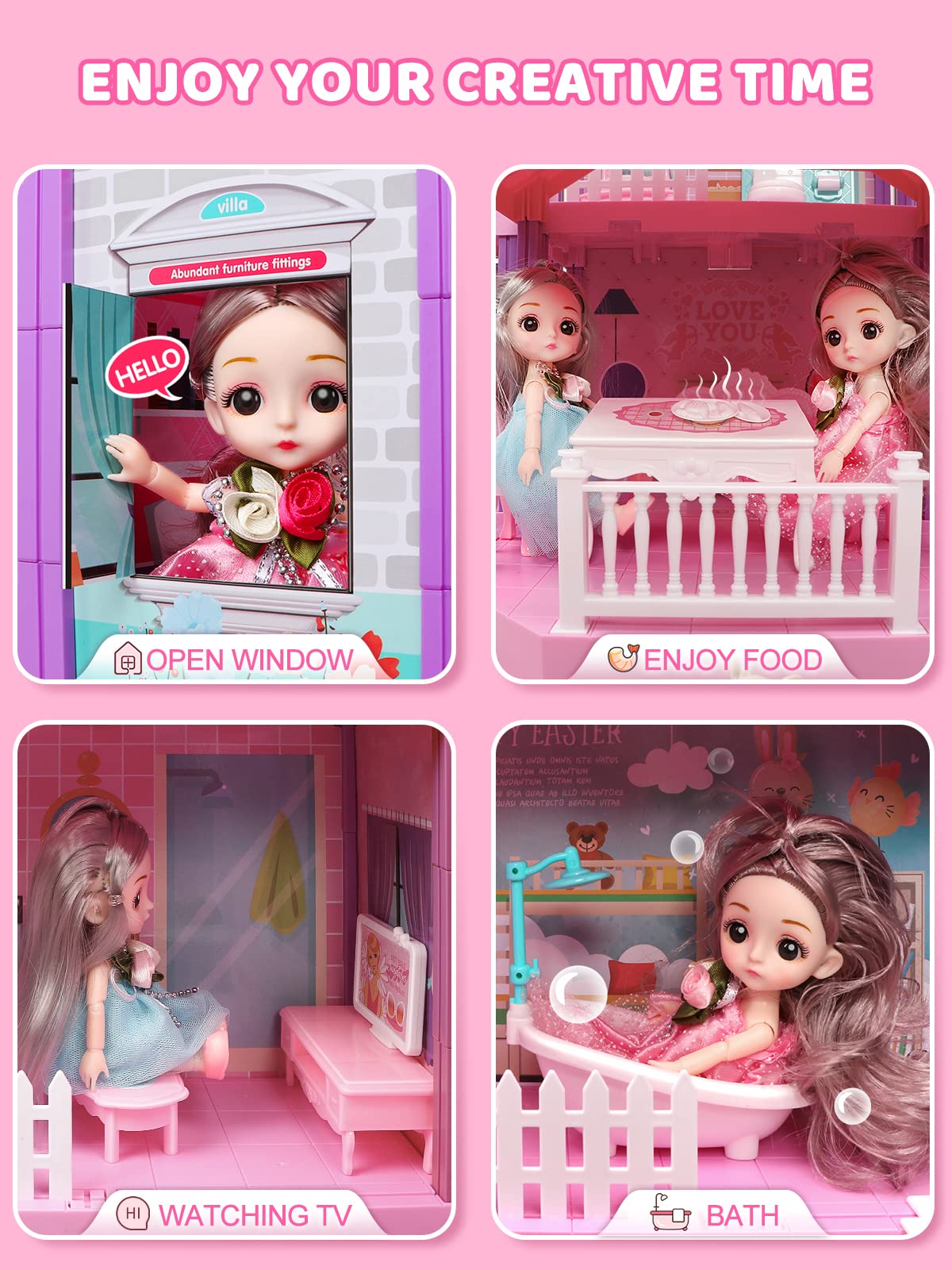Beefunni Doll House, Dream Dollhouse For Girls Toys W/ 4 Stories -11 Rooms, Doll House 4-5 Year Old W/ 2 Dolls & Furniture, Princess Dollhouse 2023 Christmas Toy Gifts For 3 4 5 6 7 8+ Year Old Girls