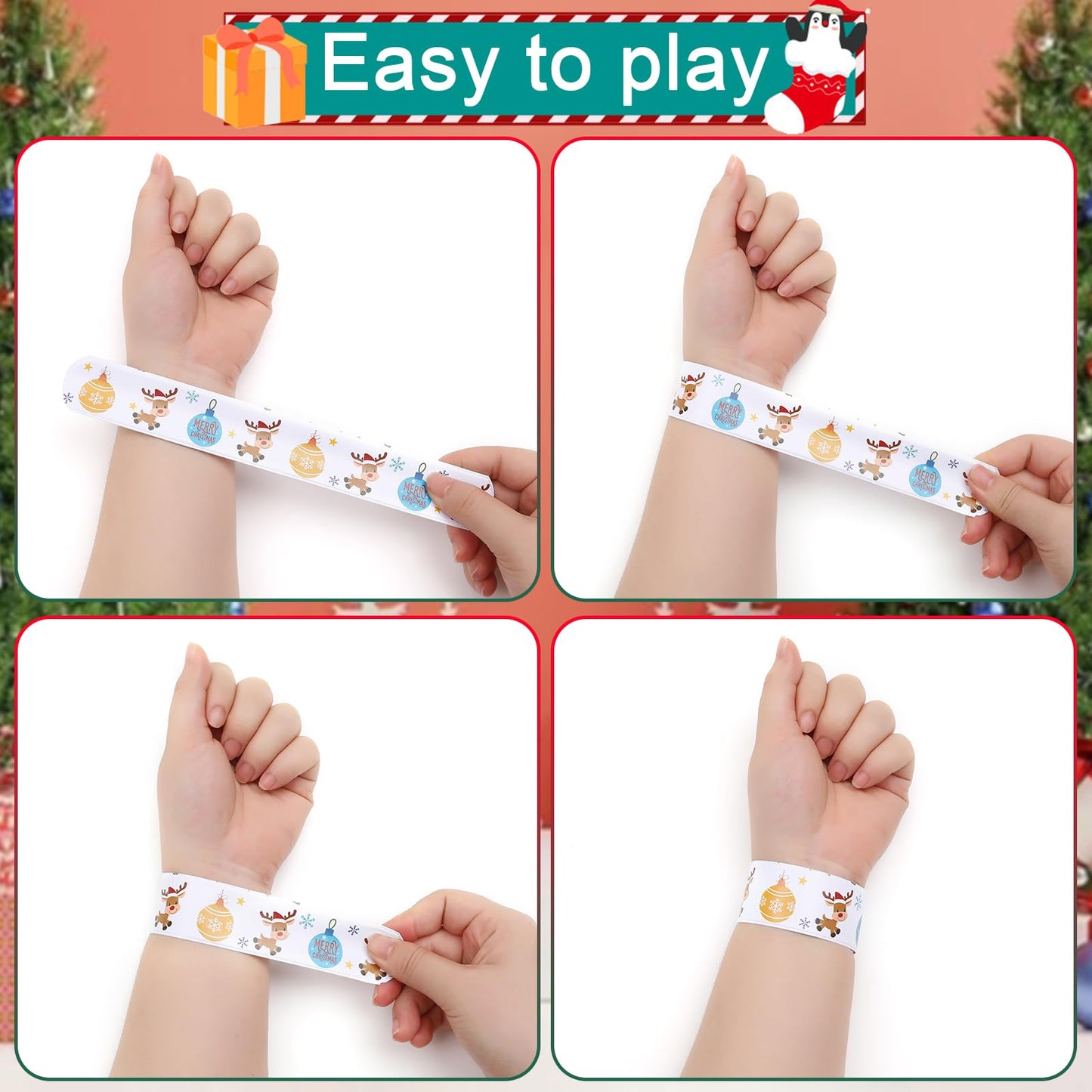 TAOVEN 48PCS Christmas Slap Bracelets, Xmas Slap for Christmas Party Favor Decoration (yellow,red,green,white)