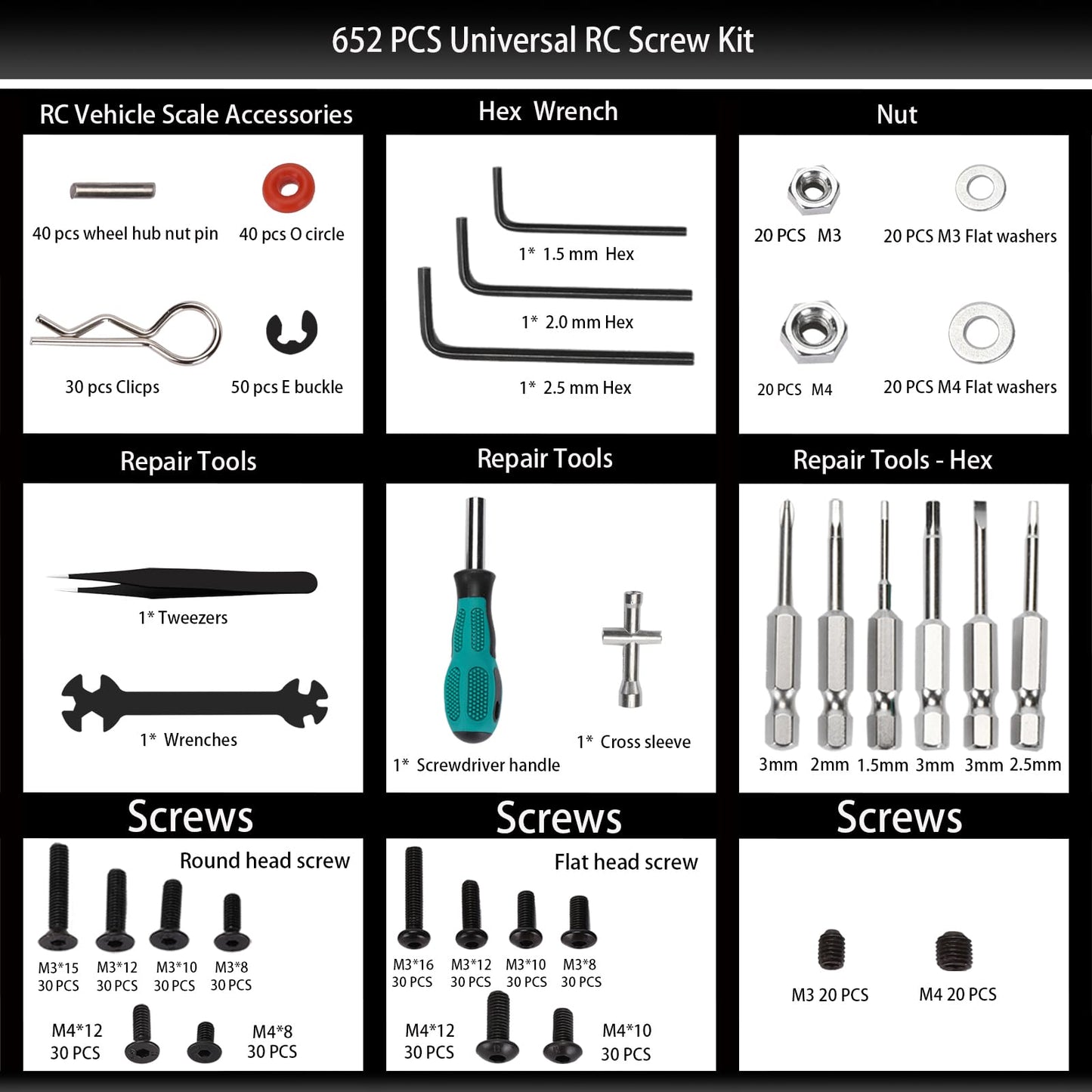 RC Car Repair Work Stand 652 PCS Screw Kit RC Repair Tool Kit Universal RC Screw Set for Arrma Redcat Traxxas Axial HPI Losi 1/8