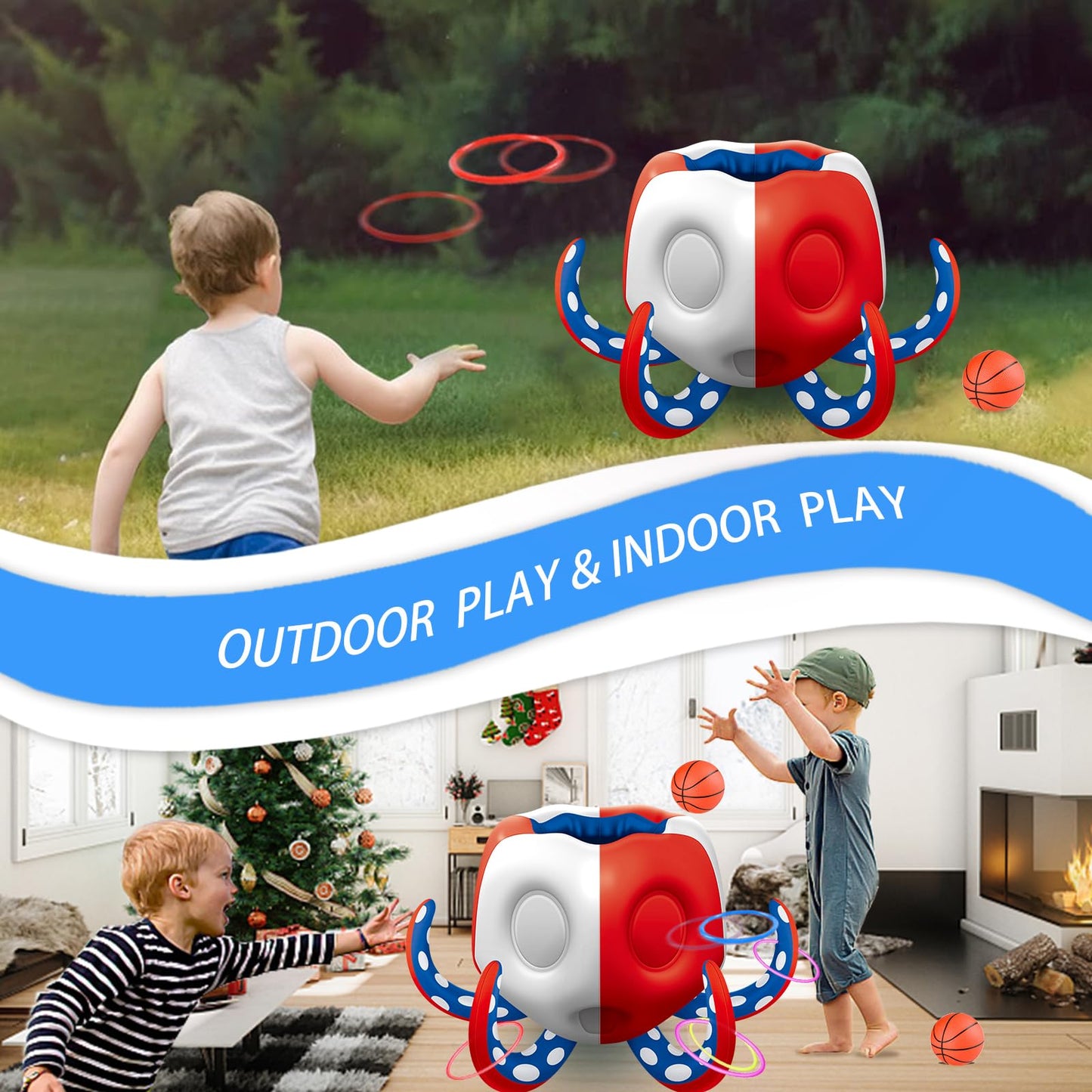 Octopus Pool Toys, 2-In-1 Kids Inflatable Basketball Hoop & Ring Toss Yard Games, Family Party Indoor Outdoor Water Play, Cool S