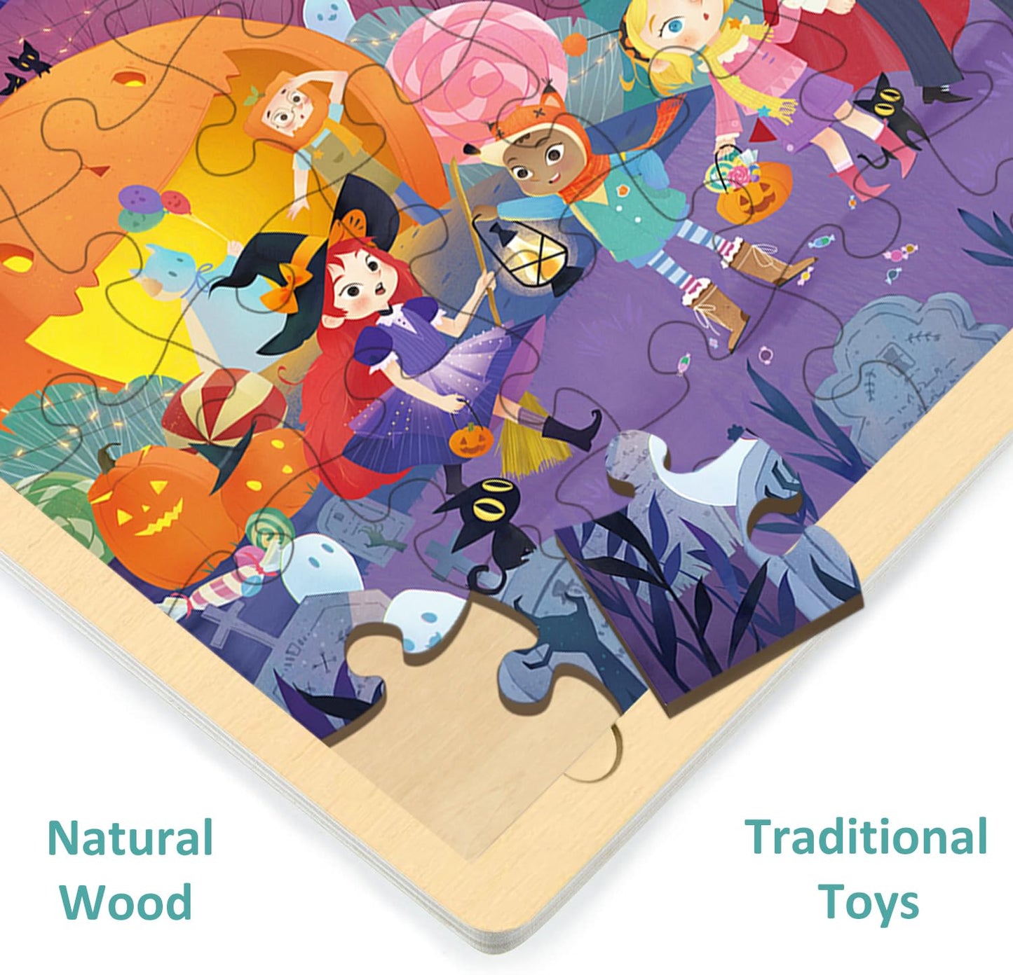 Halloween Puzzles 48 Piece For Kids Ages 3-5 By Moinkidz, Whimsical Halloween Night Wooden Jigsaw Puzzle For 3 4 5 Year Old, Toddler Puzzles For Kids Ages 4-8 With Storage Tray