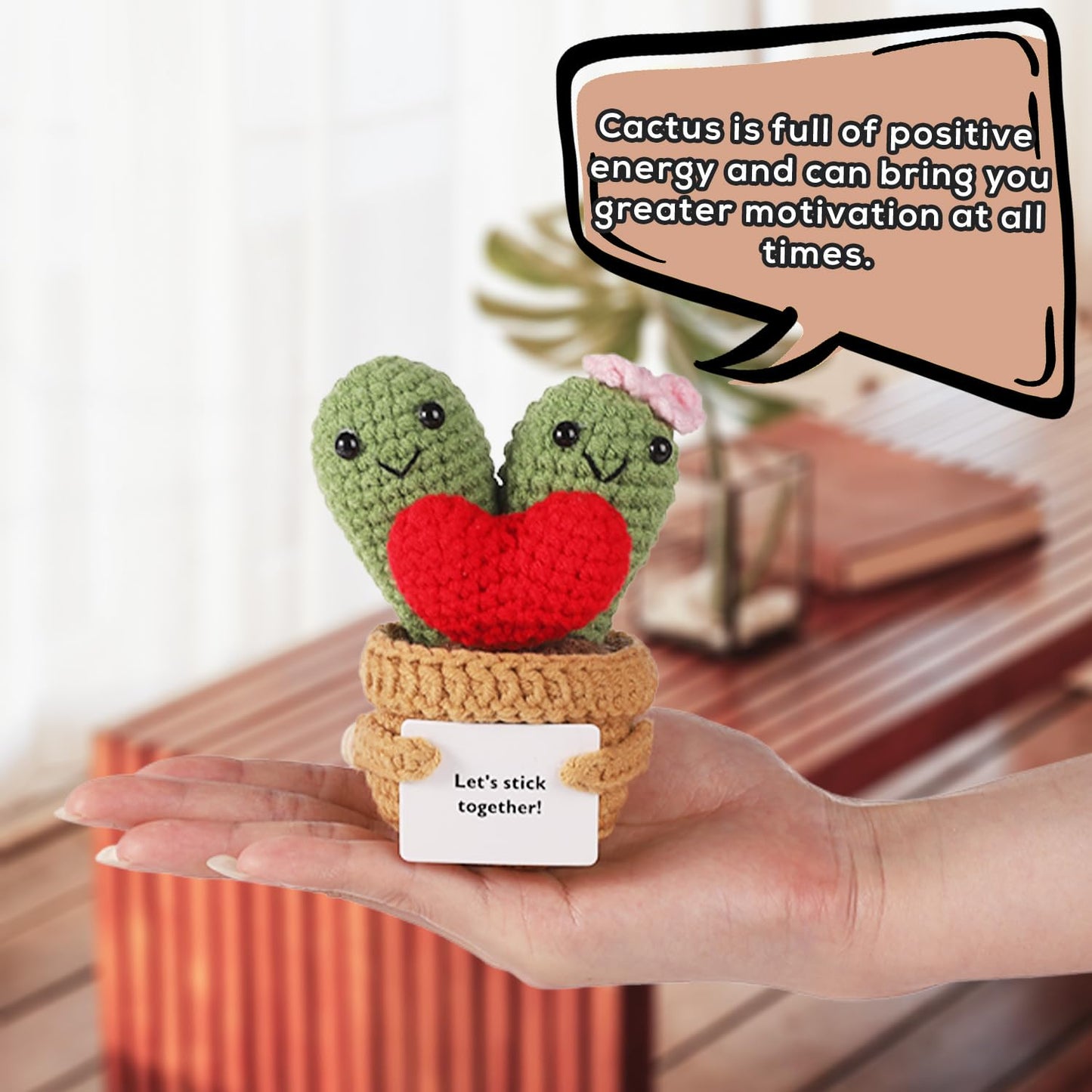 Lasuroa Positive Cactus Crochet, 3.9 Inch Funny Positive Knitted Plants Cactus Doll Toy Emotional Potato Holding Support Card Small Cactus Decorations For Birthday Party Mexican Carnival Gifts