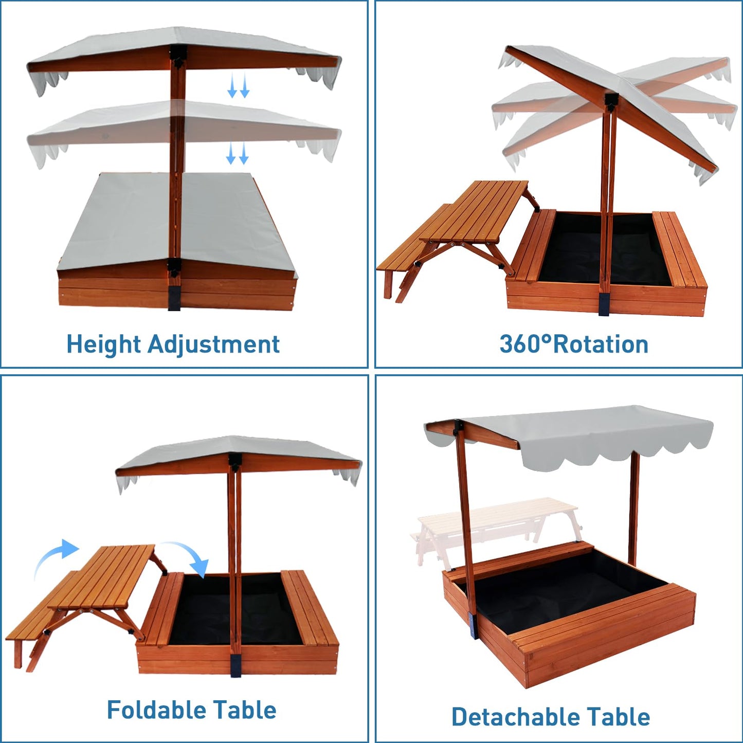Funxplore Wooden Kids Sandbox With Lid, Outdoor Sand Box With Picnic Table, Sandpit With Cover Canopy For Aged 3-8 Years Old, Ad