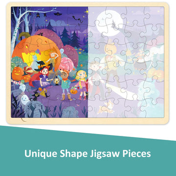 Halloween Puzzles 48 Piece For Kids Ages 3-5 By Moinkidz, Whimsical Halloween Night Wooden Jigsaw Puzzle For 3 4 5 Year Old, Toddler Puzzles For Kids Ages 4-8 With Storage Tray
