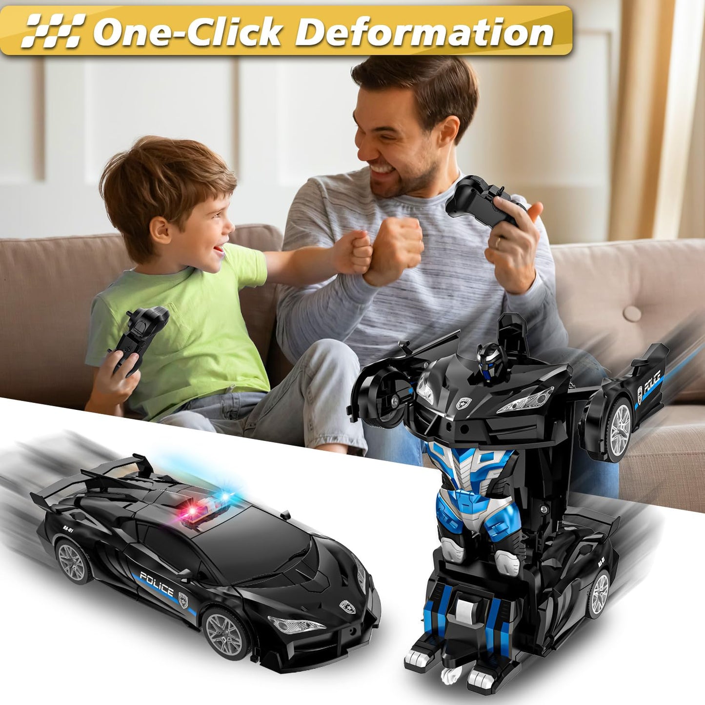 LNNKINE Remote Control Car, Transform Robot RC Cars, 2.4Ghz Transforming Police Car Toy with LED Light, One-Button Deformation a