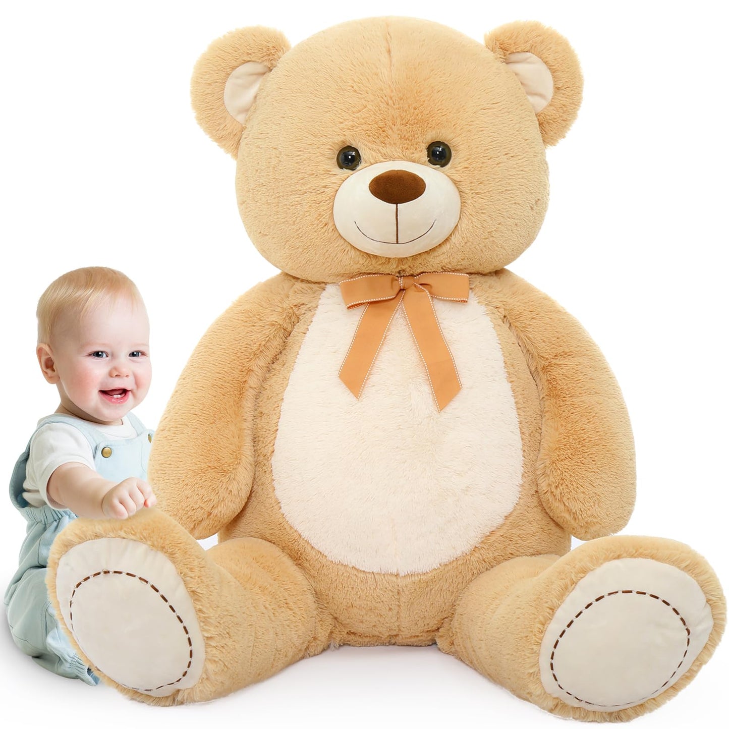 Tezituor 4.3 Feet Giant Teddy Bear Stuffed Animals, Large Teddy Bear 52 Inches With White Belly, Hug Big Plush Teddy Bear Valentines Day Gift For Girlfriend Kids, Light Brown