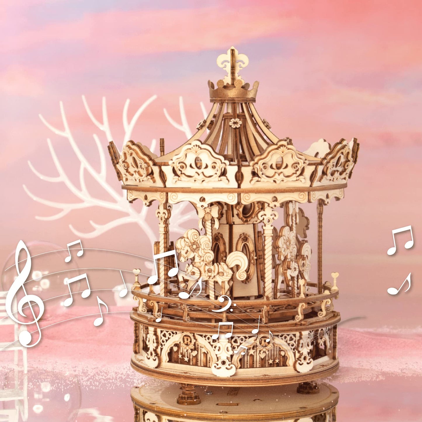 Rokr 3D Wooden Puzzles For Adults Mechanical Music Box Romantic Carousel, Diy Music Box Model Building Kits For Teens, Diy Crafts/Hobbies/Gifts Desk Decor For Girls Ages 14+ (Romantic Carousel)