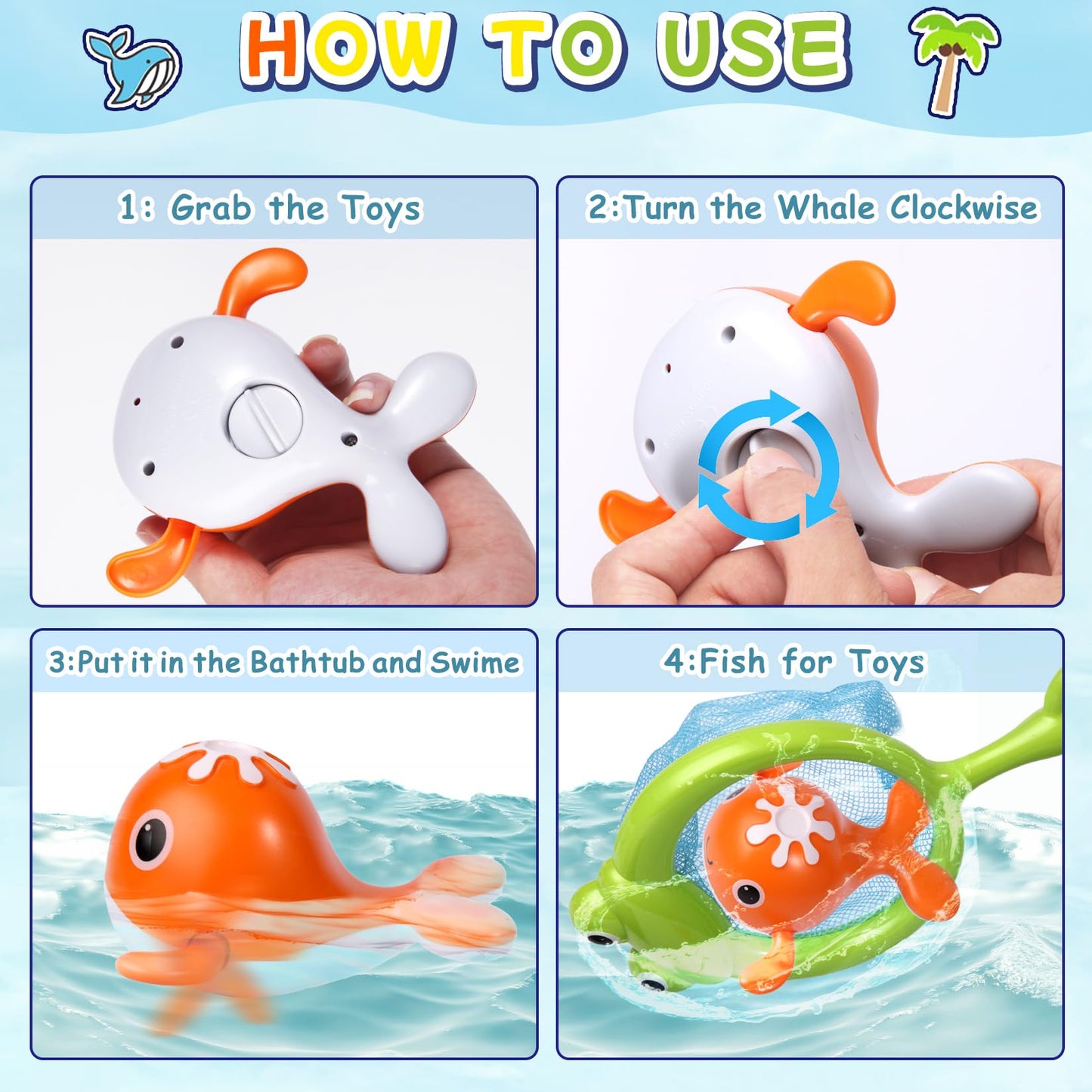 Ficcurys Baby Bath Toys Set,Wind Up Pool Toys For Toddlers 1-3,Kids Magnetic Fishing Toys With Fishing Rod,Fishing Net And 4Pcs