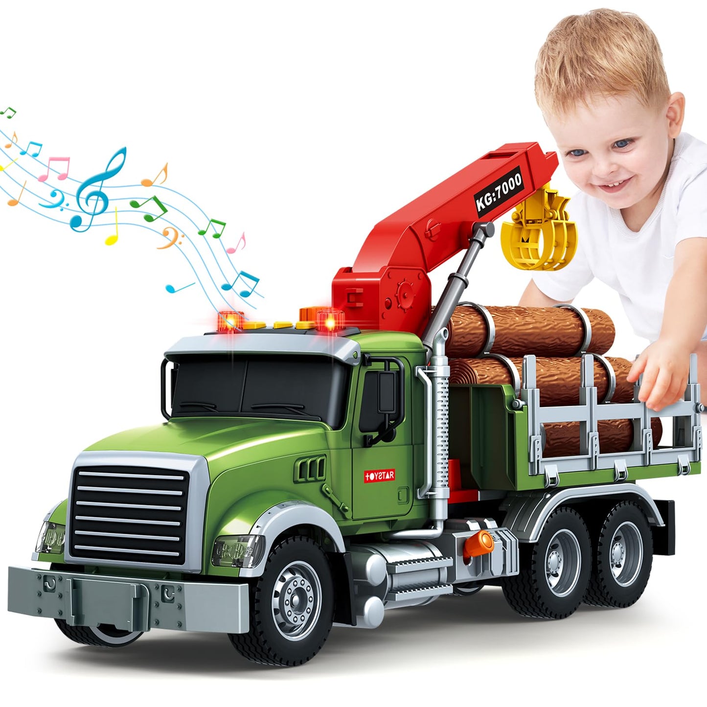 Kids Toys for 3 4 5 6 7 8 Years Old Boys, 15'' Farm Logging Truck Toy with Loading Crane and 6 Trunks, Lights, Sounds, Toddler F