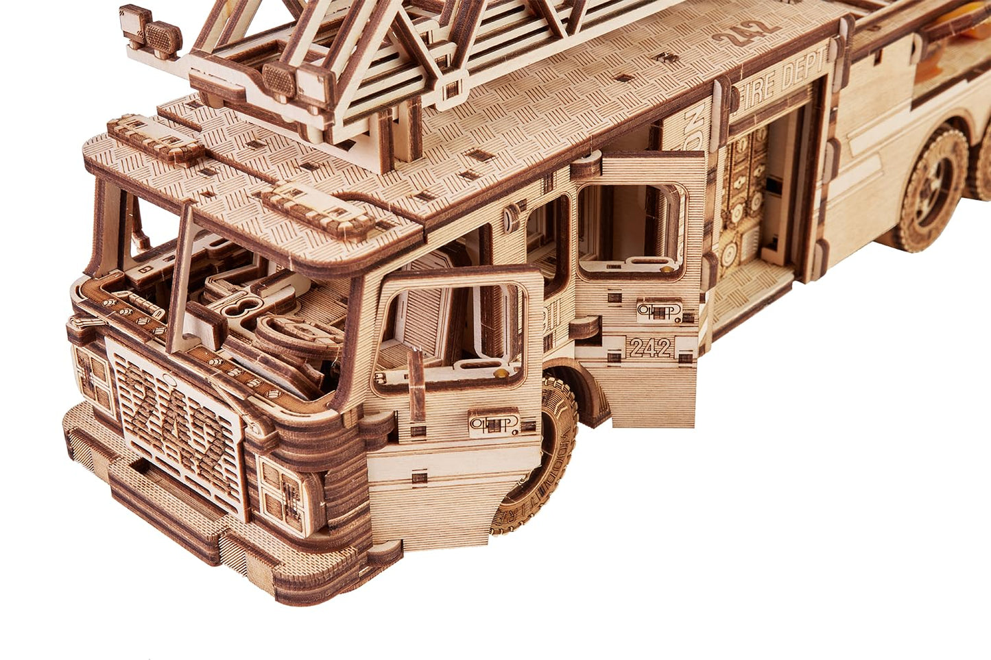 Wood Trick Rescue Firetruck Movable - Rotating Extendable Ladder - 3D Wooden Puzzles For Adults And Kids To Build - Rides Up To 20 Ft - Wooden Models Engineering Diy Project Mechanical Model Kit