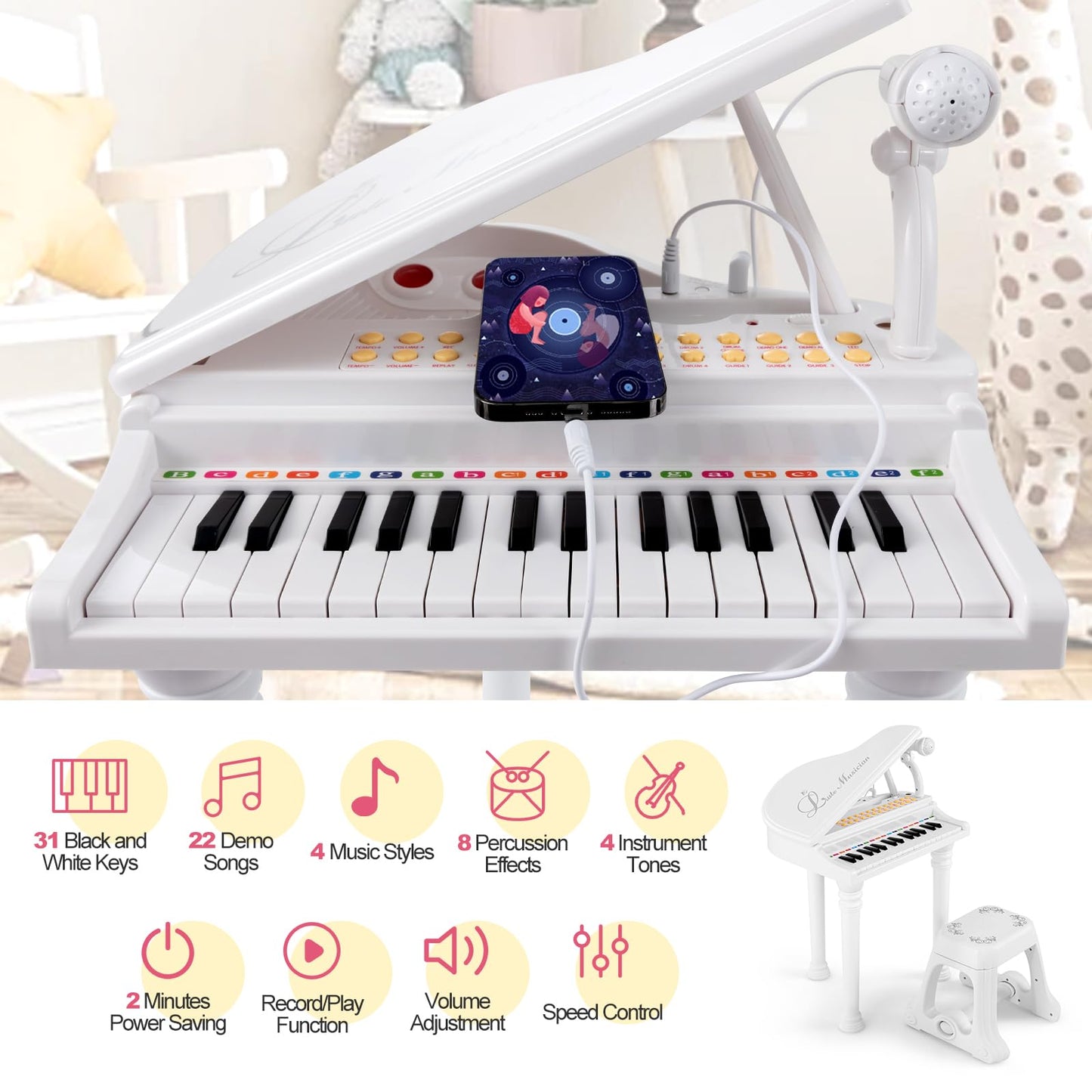 HONEY JOY Classical Kids Piano, 31-Key Toy Mini Grand Piano with Music Stand & Stool, Portable Electronic Educational Musical In