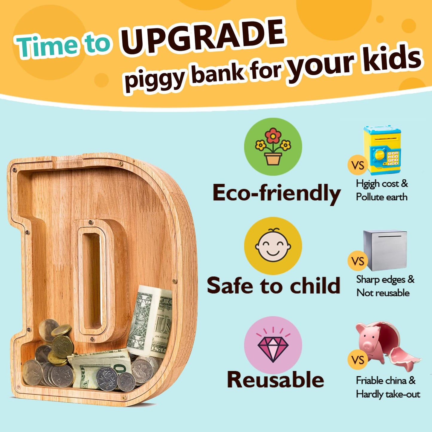 SummiDate Wooden Letter Piggy Bank| Piggy Bank for Boys Girls Toddler| Alphabet D Money Bank| Coin Bank Birthday Gift for Kids|Birthday Gift for Kids (D)