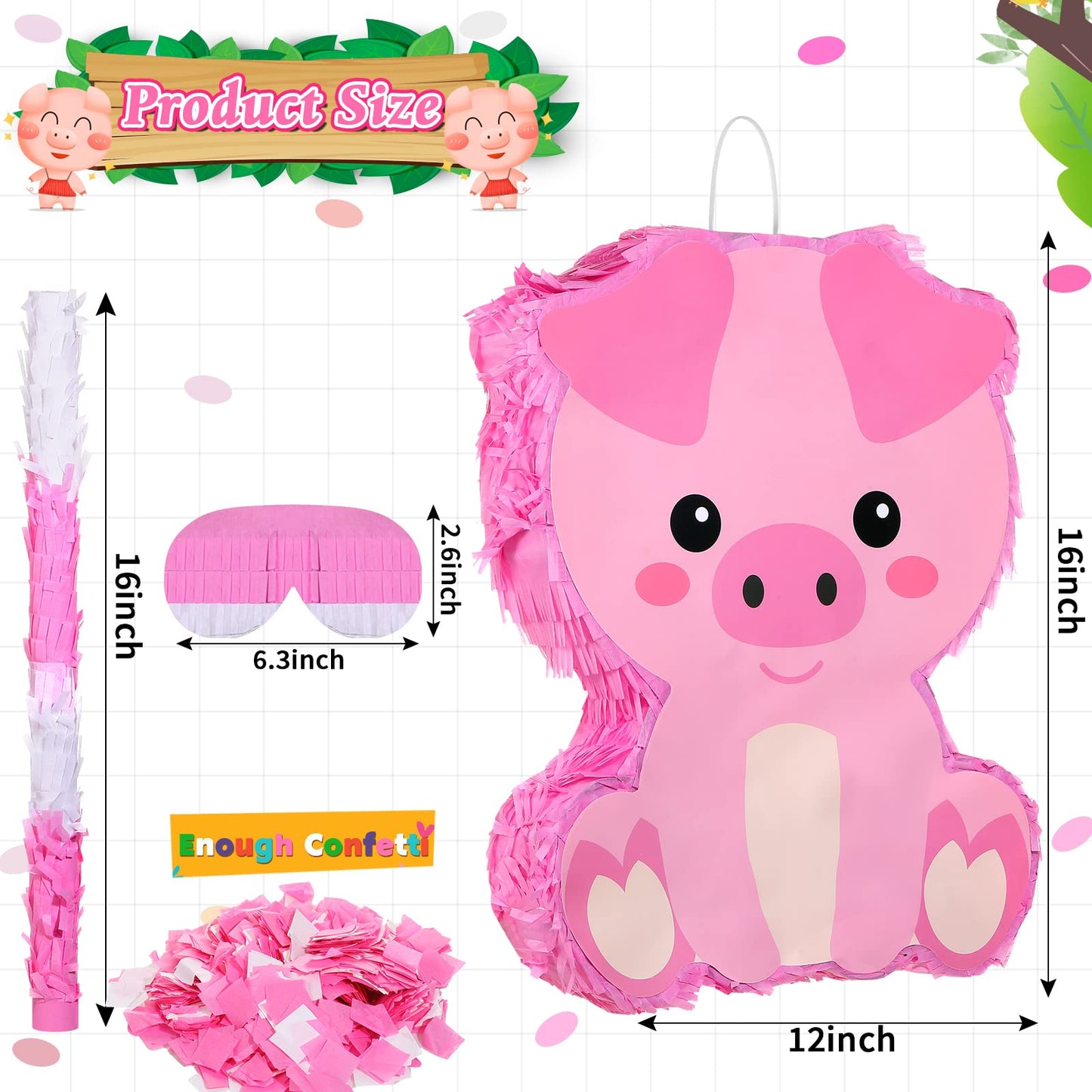 Piñata Bundle With A Blindfold And Bat (16 X 12 X 3 Inches), Cute Animal Piñata For Girls Boys Kids Birthday Party Toys Decoration For Animal Theme Birthday Party Game Supplies Photo Prop(Piggy)