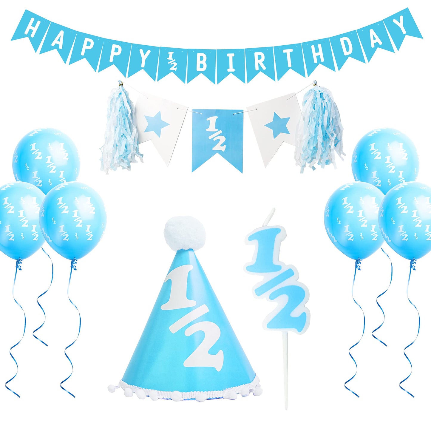 Half Birthday Party Pack Decorations: Comes in Baby Blue or Ultra Pink (1/2 Candle, 1/2 Balloons, 1/2 Hat and 1/2 Banners) (Blue