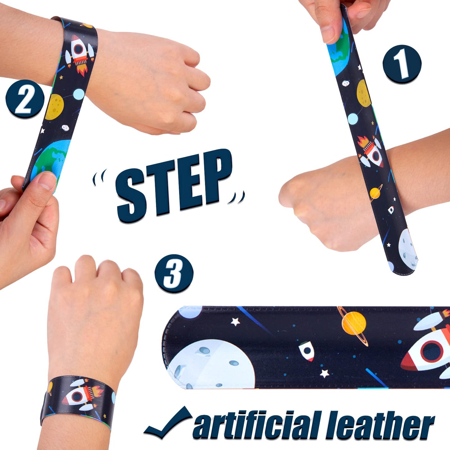 MCPINKY Slap Bracelets, 48PCS Kids Slap Wristbands with UFO Astronaut Space Stars Pattern Snap Bracelets for Valentine's Day Par