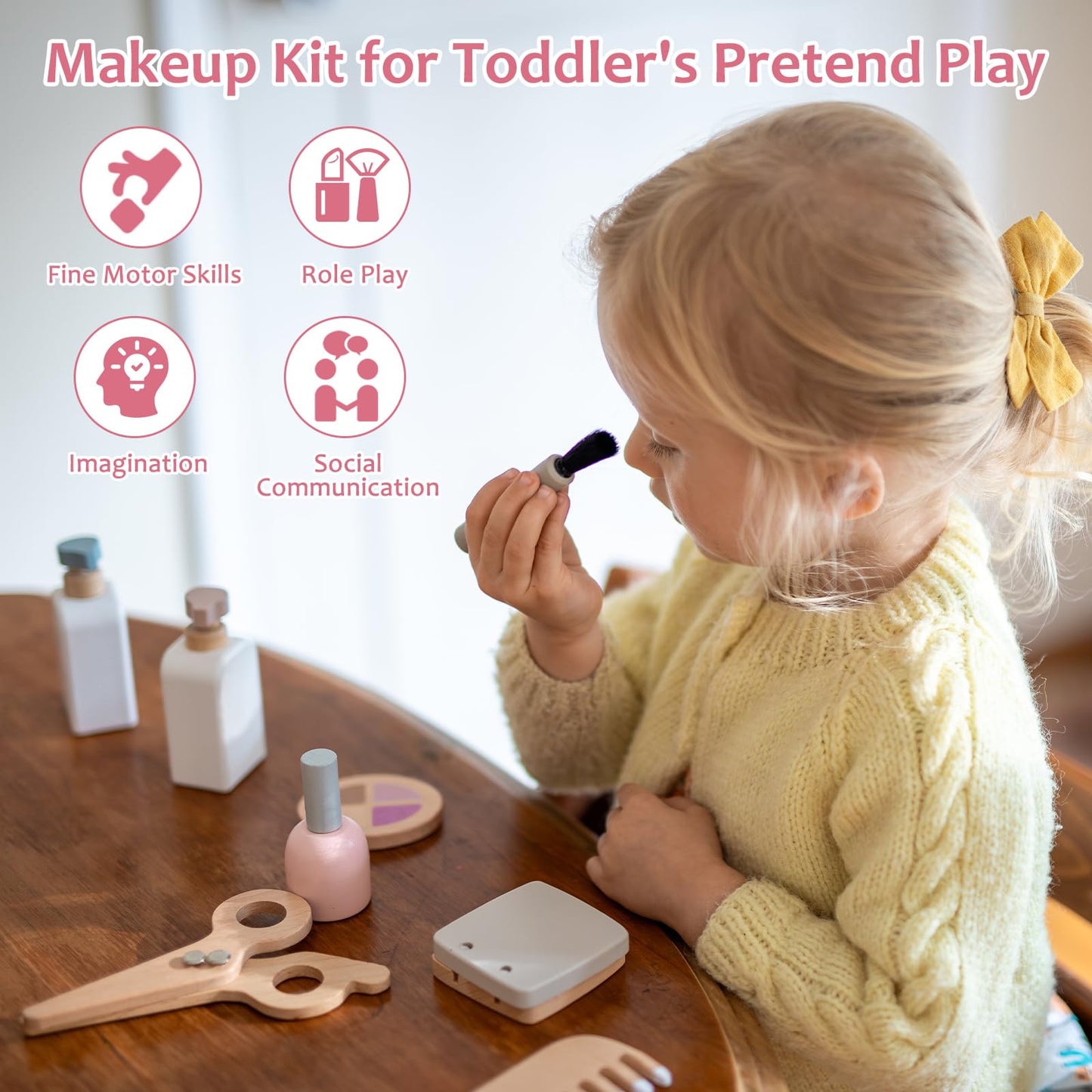 Smartwo Wooden Makeup Toy Set for Toddler Pretend Play 22 PCS Wood Beauty Salon Toys Cute Wooden Makeup Kit with Realistic Acces