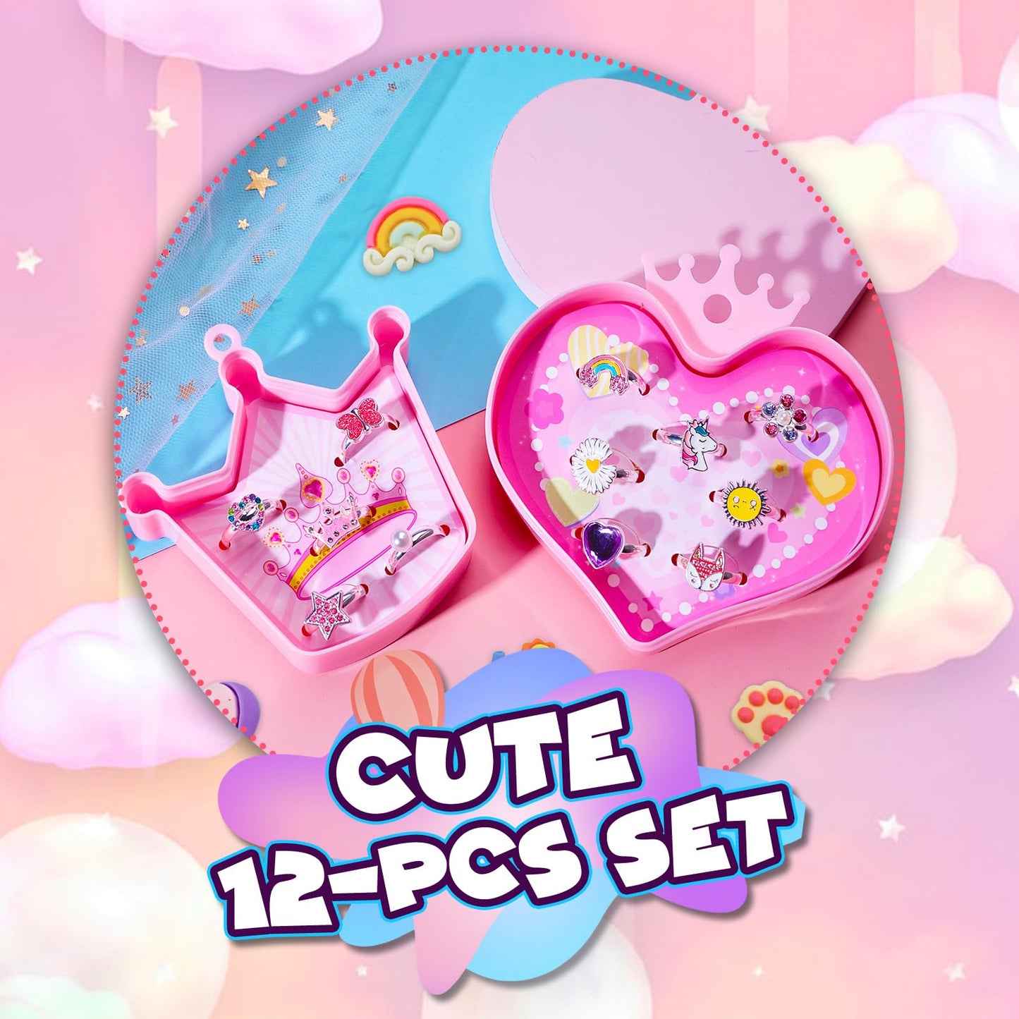 PinkSheep Gifts for Girls' birthday Toys 12pcs Adjustable Rings Unicorn Ring Crown Ring Birthday Gifts Gift for 3 4 5 6 7 8 9 10