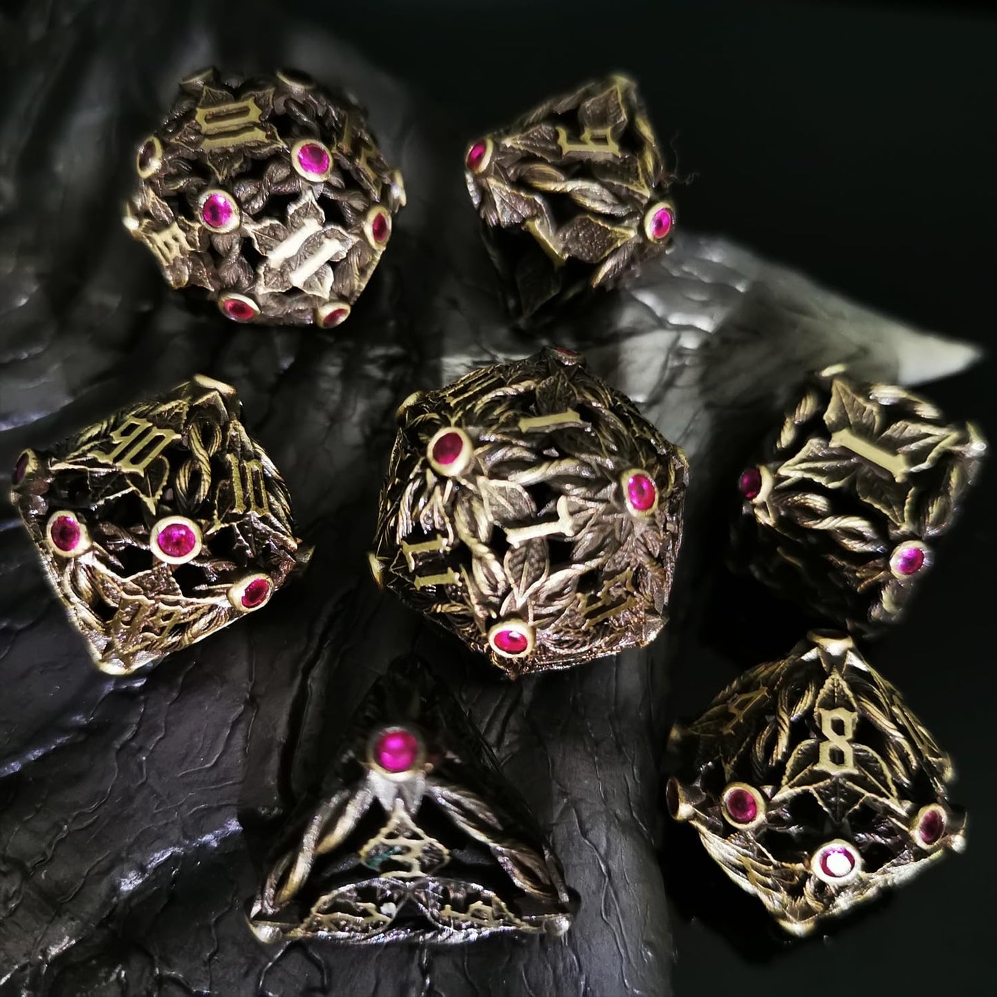 Mjdiceok Hollow Magic Vine Leaf Metal Dice Set Dnd Dice Set 7 Role Playing Dice D&D Dungeons And Dragons Dice (Ancient Bronze +