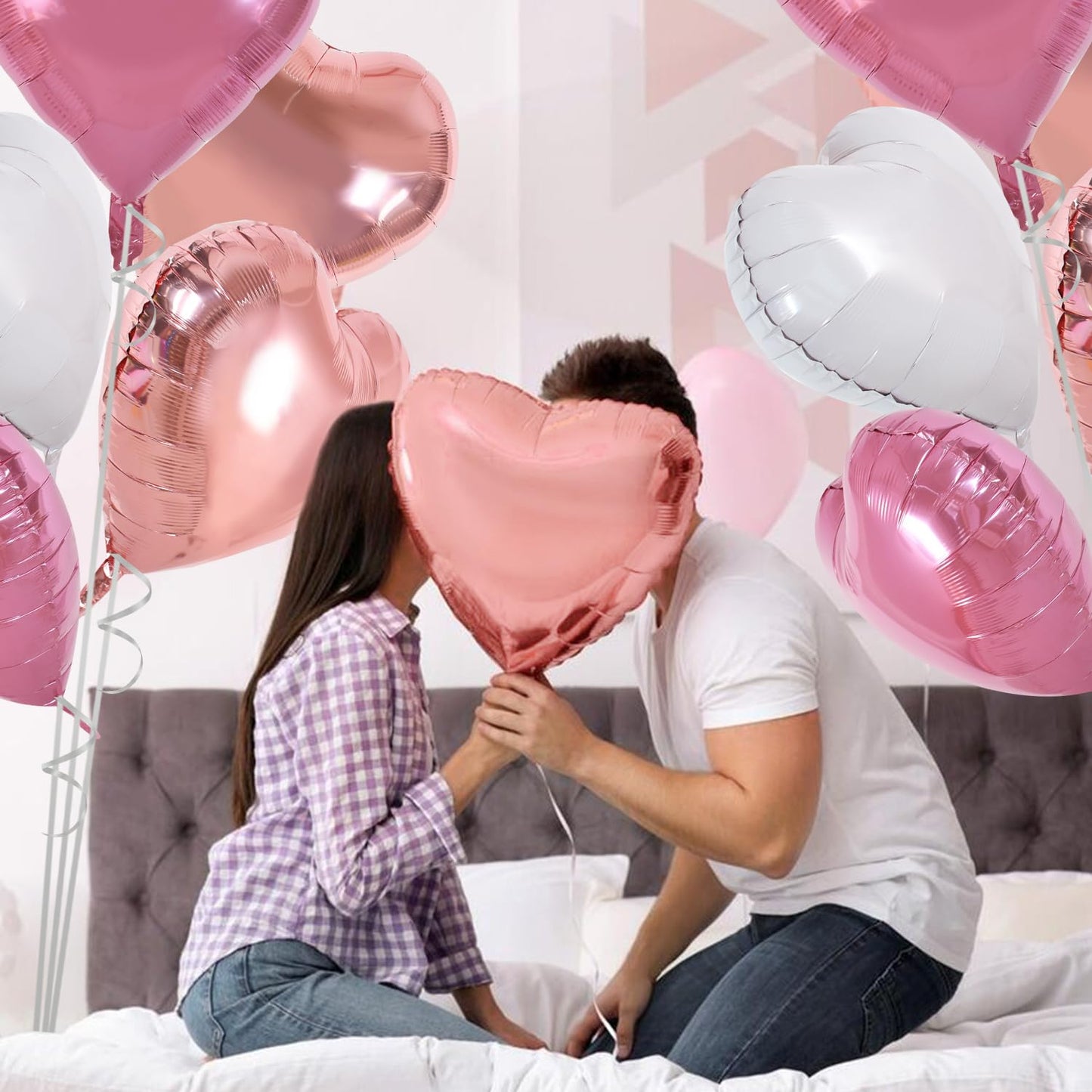 TONIFUL 30Pcs 18 Inch Rose Gold Pink Heart Balloons Pink White Heart Shape Foil Mylar Balloons Decoration for Birthday Valentine