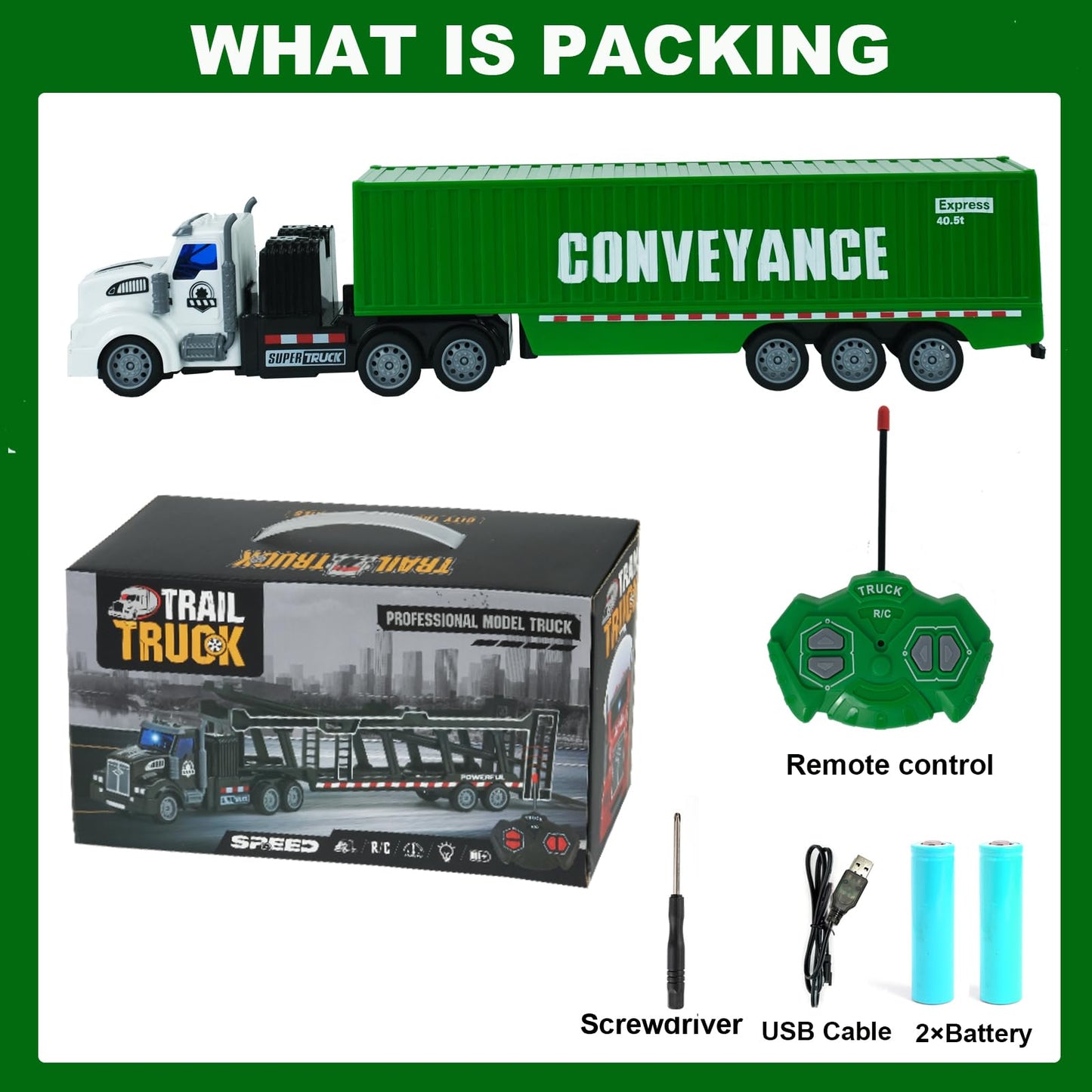 CALEST Remote Control Semi Truck with Trailer, 14'' 1:48 Trailer Truck Toy, Equipped with 2 Rechargeable Batteries, Gifts Ideas