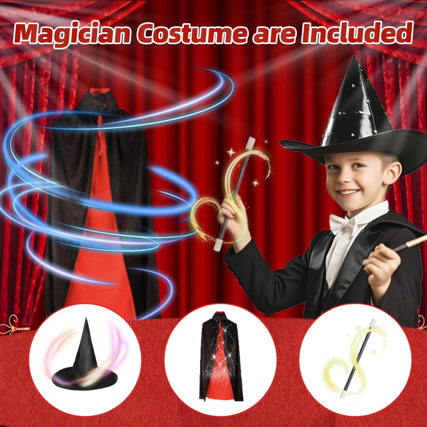 Magic Tricks Kit, 100+ Magic Tricks For Kids Age 6 7 8 9 10 11 12, Magician Costume For Pretend Play With Magic Props & Instruct
