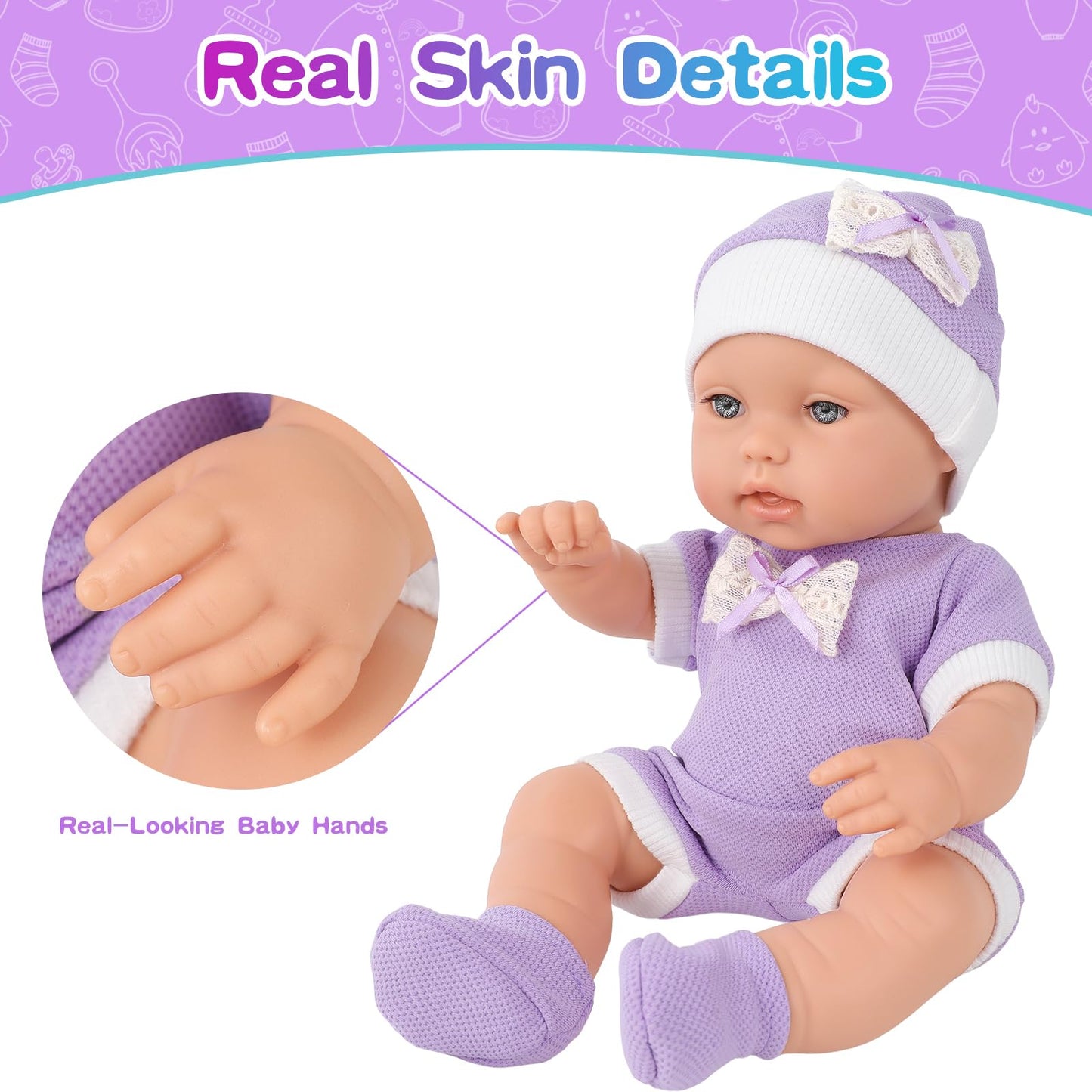 Zntwei 12 Inch Baby Doll Playset With Reborn Baby Dolls Clothes And Accessories Including Purple Jumpsuit, Hats, Socks, Bottles,