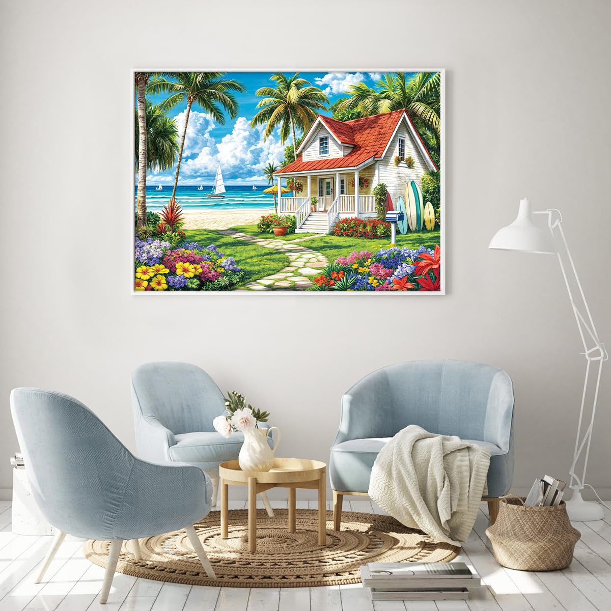 Jigsaw Puzzles for mature-themeds 1000 Piece Puzzle for mature-themeds 1000 Pieces Puzzle 1000 Pieces-Summer Beach Vacation -Surfing Coconut Trees Wooden Houses