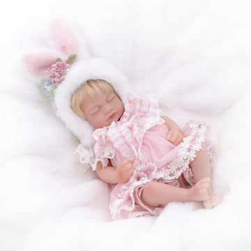 Reborn Baby Doll 12 Inch - Full Vinyl Body Dreamy Girl With Bunny Hat & Lace Flower Dress - Realistic Collectible Baby Doll Gift
