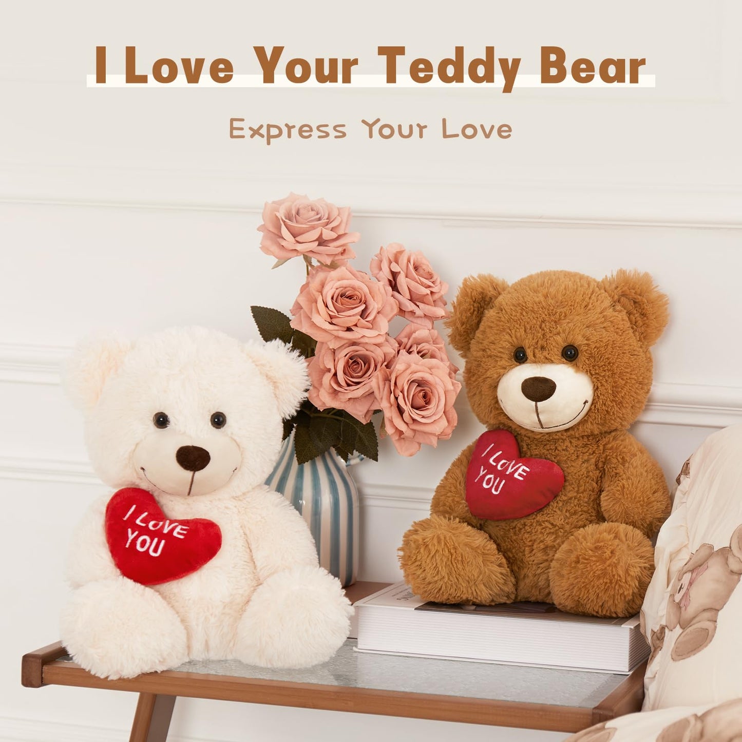 Maogolan Small Teddy Bear With Red Heart, I Love You Valentines Day Teddy Bear Stuffed Animal White,Velvet Red Heart Valentines