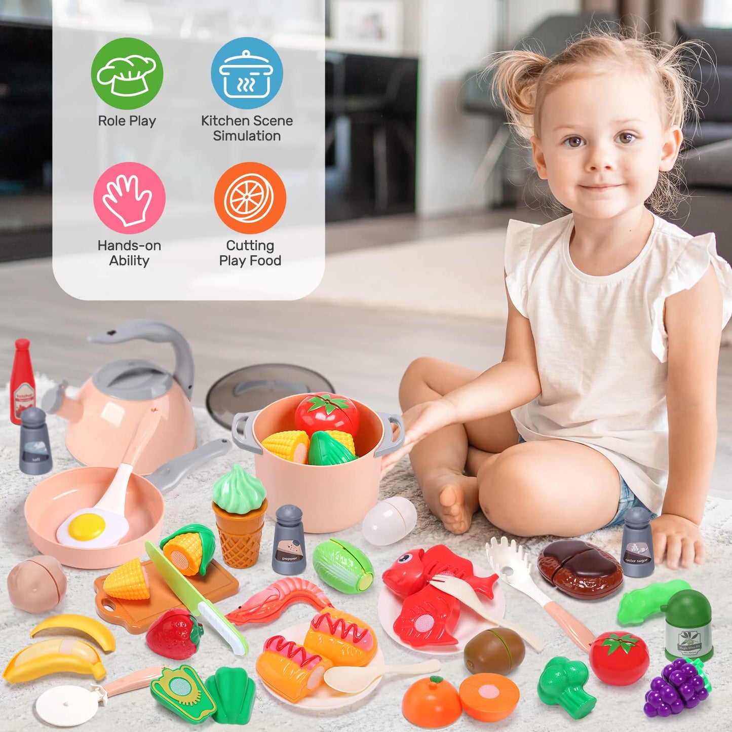 CUTE STONE Kids Kitchen Accessories Set, Play Food Sets for Kids Kitchen, Kids Cooking Sets with Play Pots and Pans, Utensils Co