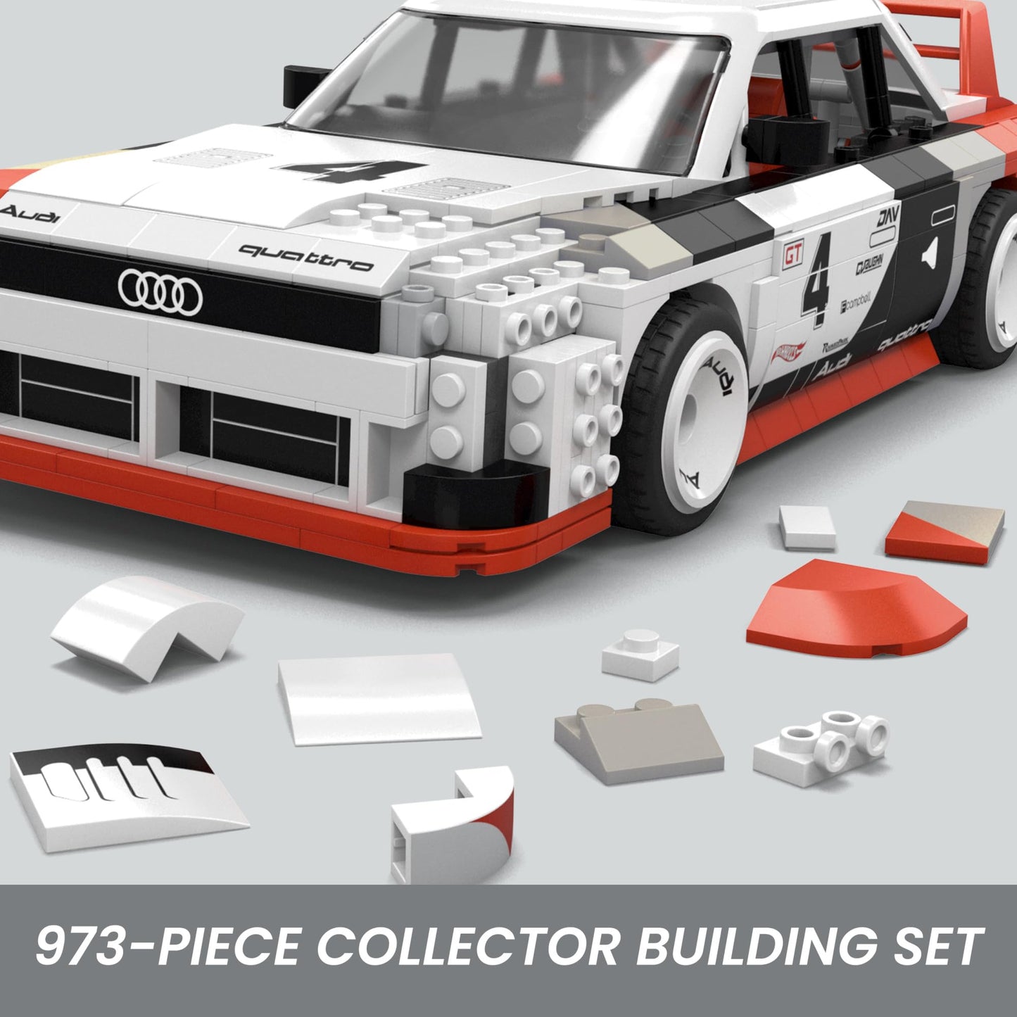 Mega Hot Wheels Collectible Car Building Toy, Audi 90 Quattro Imsa Gto With 973 Pieces And Die-Cast Model, Build & Display Set F