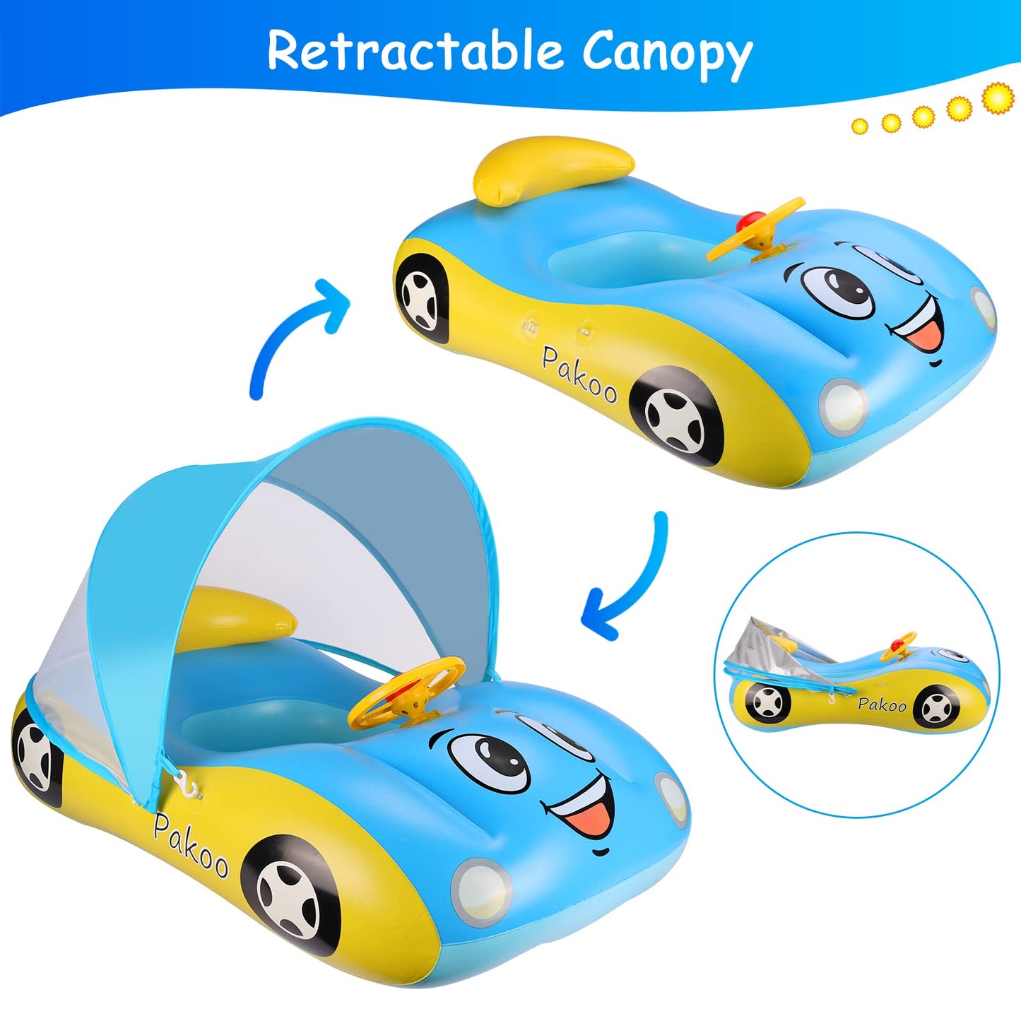 Baby Pool Float With Upf50+ Adjustable Canopy, Inflatable Baby Car Pool Float Boat Baby Swim Float Toddler Pool Float Kids Baby Float Toddler Floaties Infant Pool Float Toys For Baby 18-36 Months