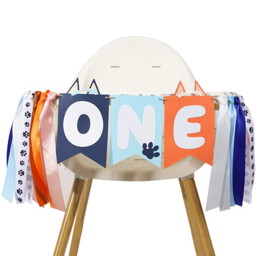 Light Blue Navy Brown Orange 1st Birthday High Chair Banner - First Birthday Party Decoration, Little Puppy Highchair Banner Ins