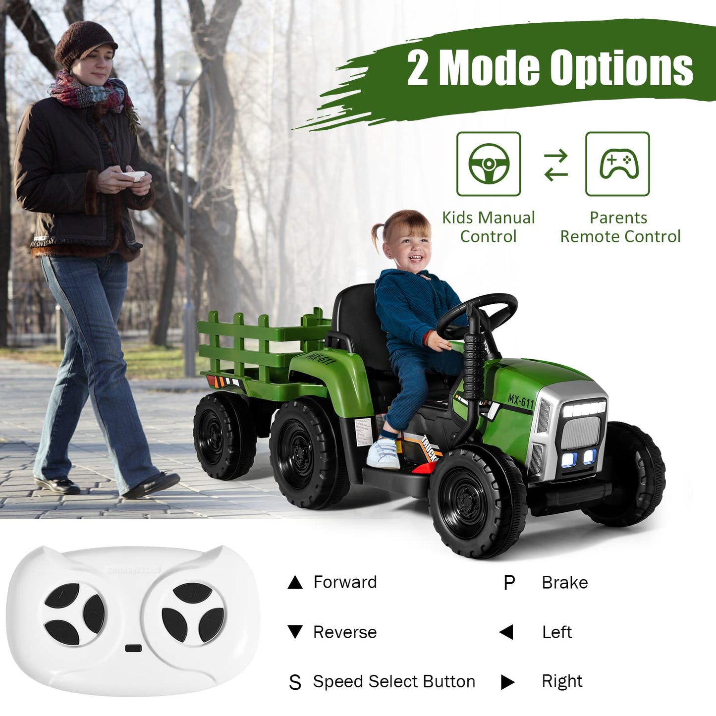 Costzon Ride On Tractor With Detachable Trailer, 12V Kids' Electric Vehicles W/3-Gear-Shift Ground Loader, Wireless Design & Usb, 7 Led Headlights, Remote Control Tractor Toy For Kids 3+ (Dark Green)