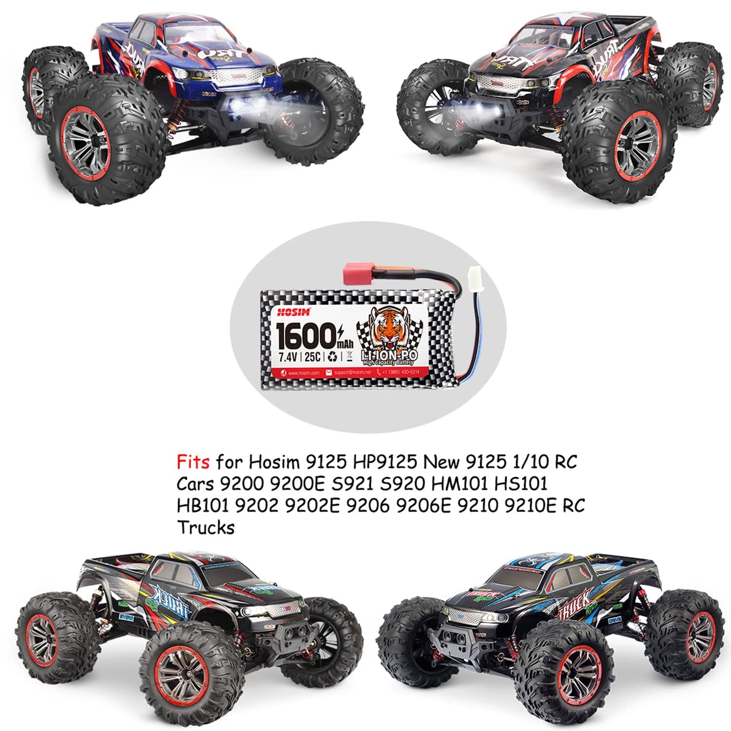 Hosim 7.4V 1600mAh 25-DJ02 RC Car LiPo Battery & USB, Spare Replacement Parts Assessory S920 9125 HB101/HM101/HM103/HM121/HM124/
