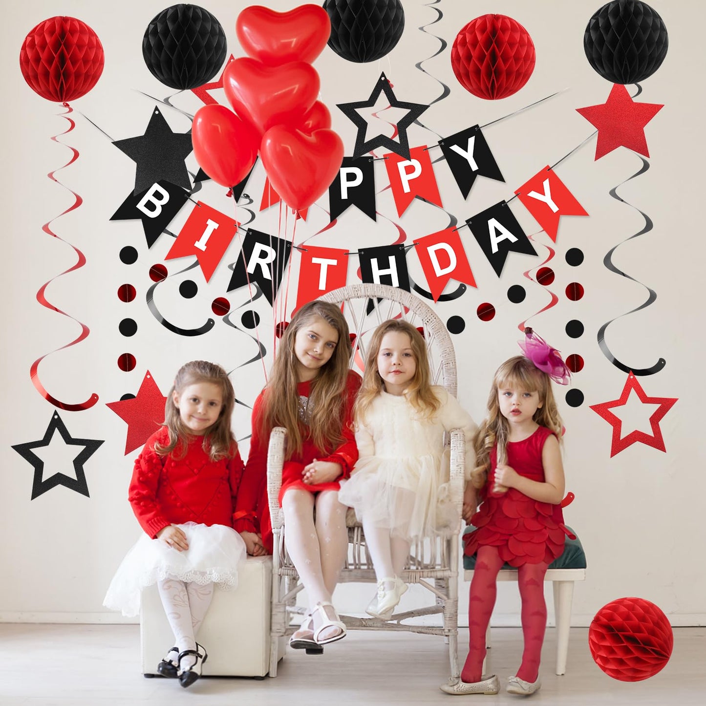 Meowtastic Birthday Decorations, Happy Birthday Banner With Honeycomb Balls, Star Hanging Swirl Streamers, Circle Dots Garland, Happy Birthday Party Decorations For Women Men Boys Girls (Red & Black)