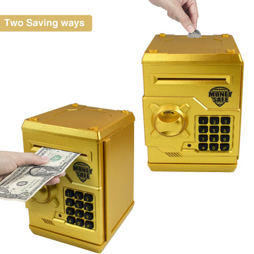Cargooy Mini Atm Piggy Bank Atm Machine Best Gift For Kids,Electronic Code Piggy Bank Money Counter Safe Box Coin Bank For Boys Girls Password Lock Case (Gold)