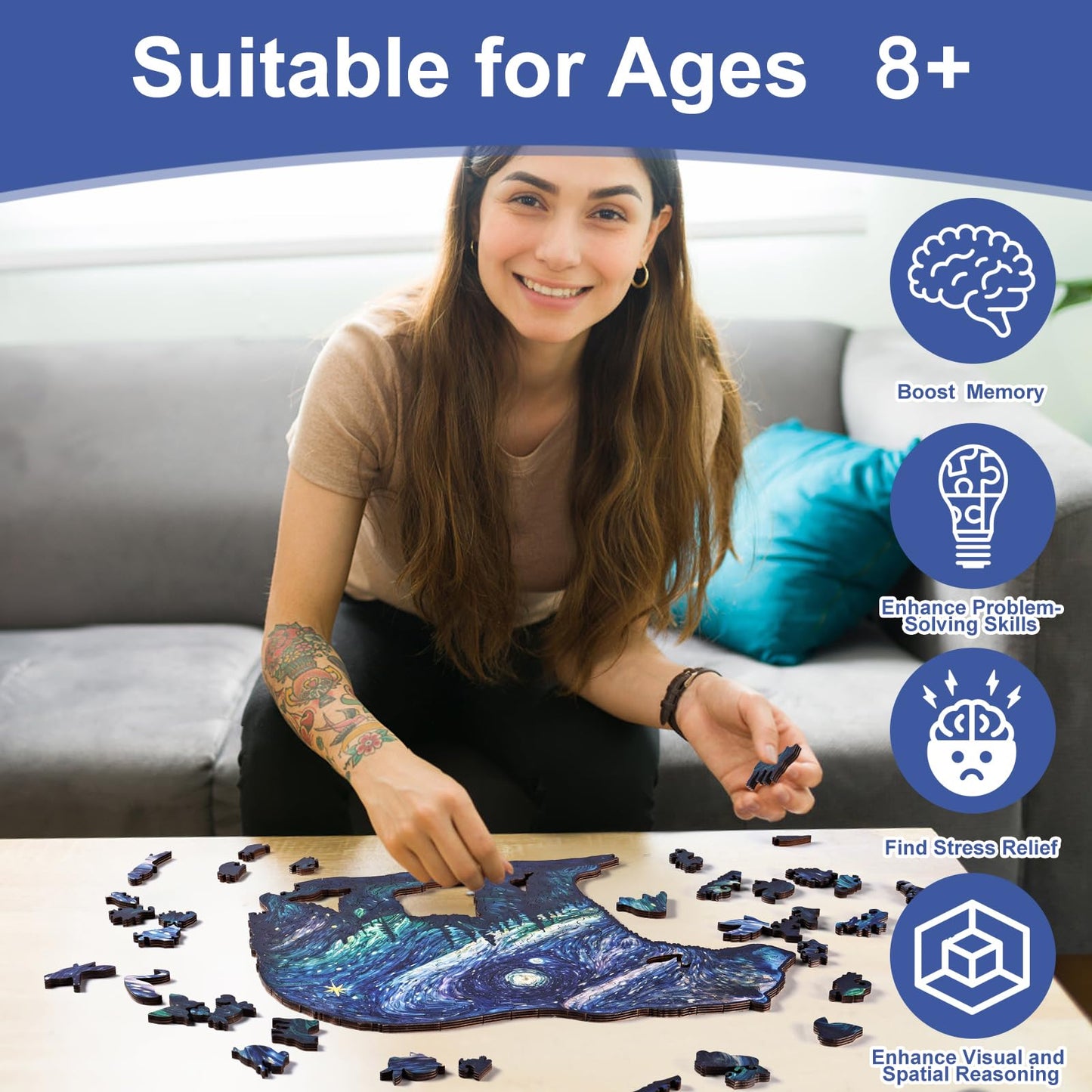 Yjacuing Wooden Jigsaw Puzzles For Adults, 300 Piece Unique Animal Shaped Premium 5Mm Wood Puzzles Family Game (Starry Bear, Lar