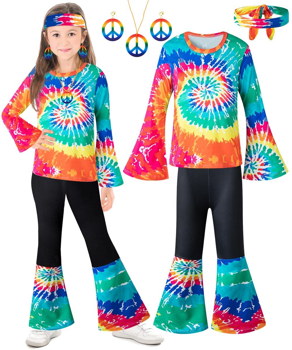 Iwalue 60S 70S Outfits Hippie Kid Girls Costume Set Disco Rainbow Boho Flared Pants Accessories Set(Rainbow,11-12 Years)