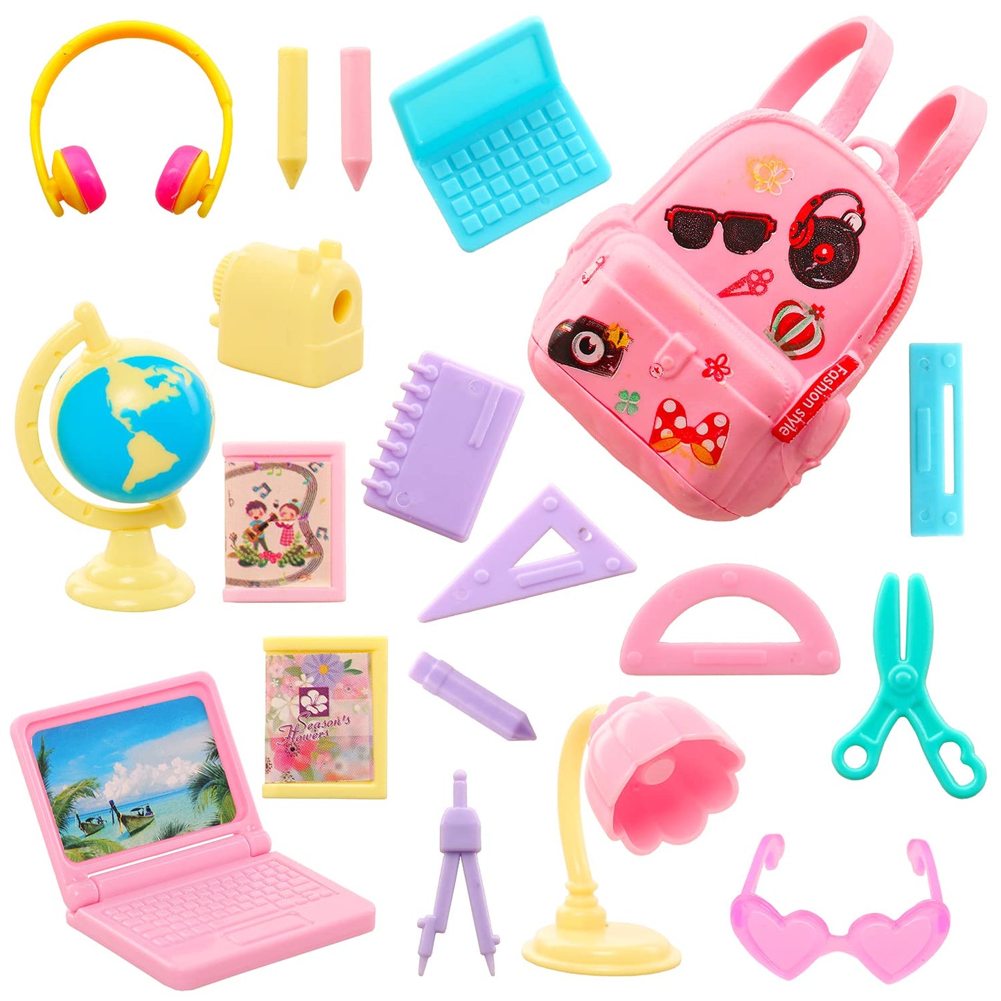 Enocht 19 Pcs Girl Doll School Accessories Mini Doll Backpack Mini Desk Lamp Laptop Mini Globe Glasses And Headset For 11.5 Inch Doll School Playset