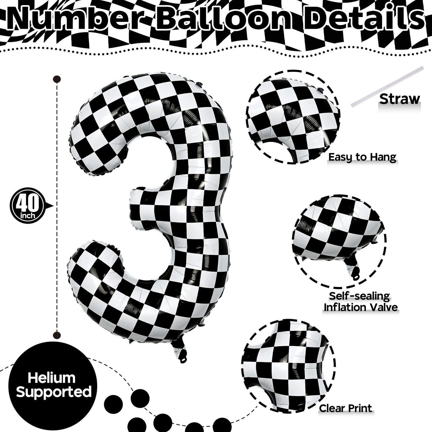 3Rd Birthday Number Balloons For Boys, 40 Inch Checkered Racing Foil 3 Balloons, Self Inflating Helium Black And White Big Numbe