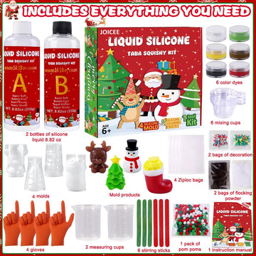 JOICEE Christmas Taba Squishy Kit DIY Xmas Squishy Making Kit 18OZ AB Liquid Silicone with Xmas Tree Stocking Snowman Reindeer Molds for Make Your Own Christmas Soft Squishies Party Favors Gifts