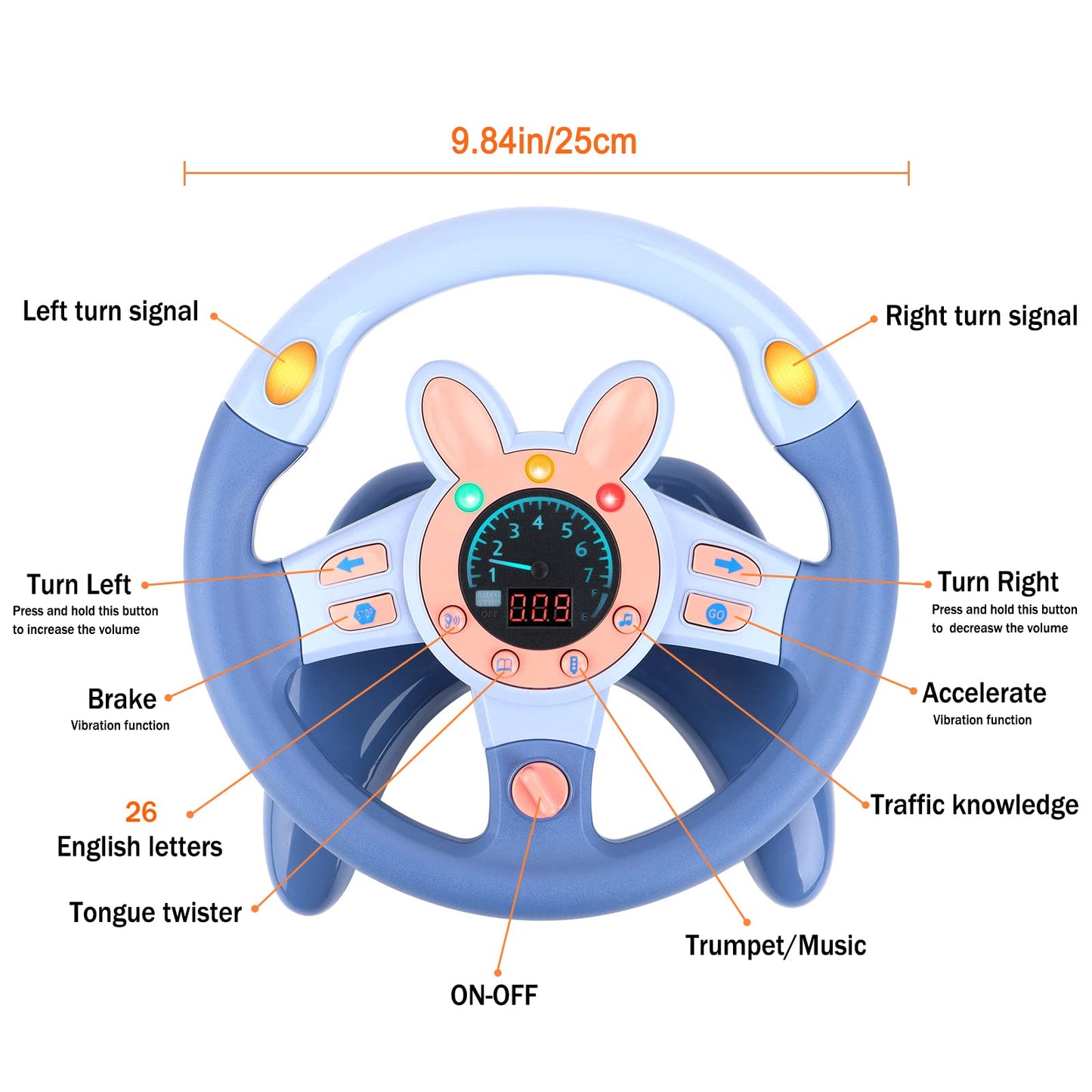 deAO Kids Steering Wheel Toy - Simulated Driving with Light & Music, Large, Blue, Model: deAO