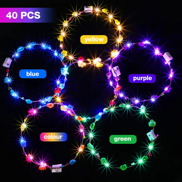 Waydress 40 Pieces LED Flower Crown Light up Headband LED Hair Garlands Glow in The Dark Flower Crown Wreath for Women Brides We